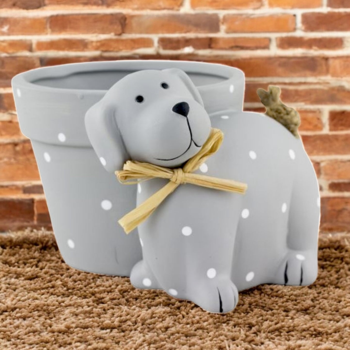 Cute Grey Dog Plant Pot – Polka Dot Resin Planter for Dog Lovers