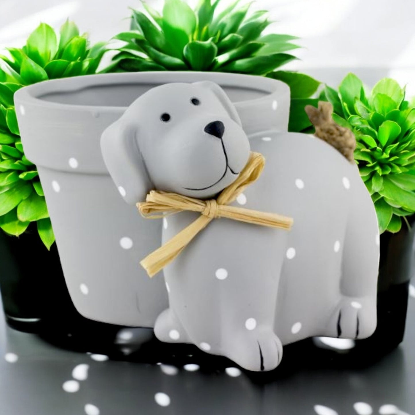 Cute Grey Dog Plant Pot – Polka Dot Resin Planter for Dog Lovers