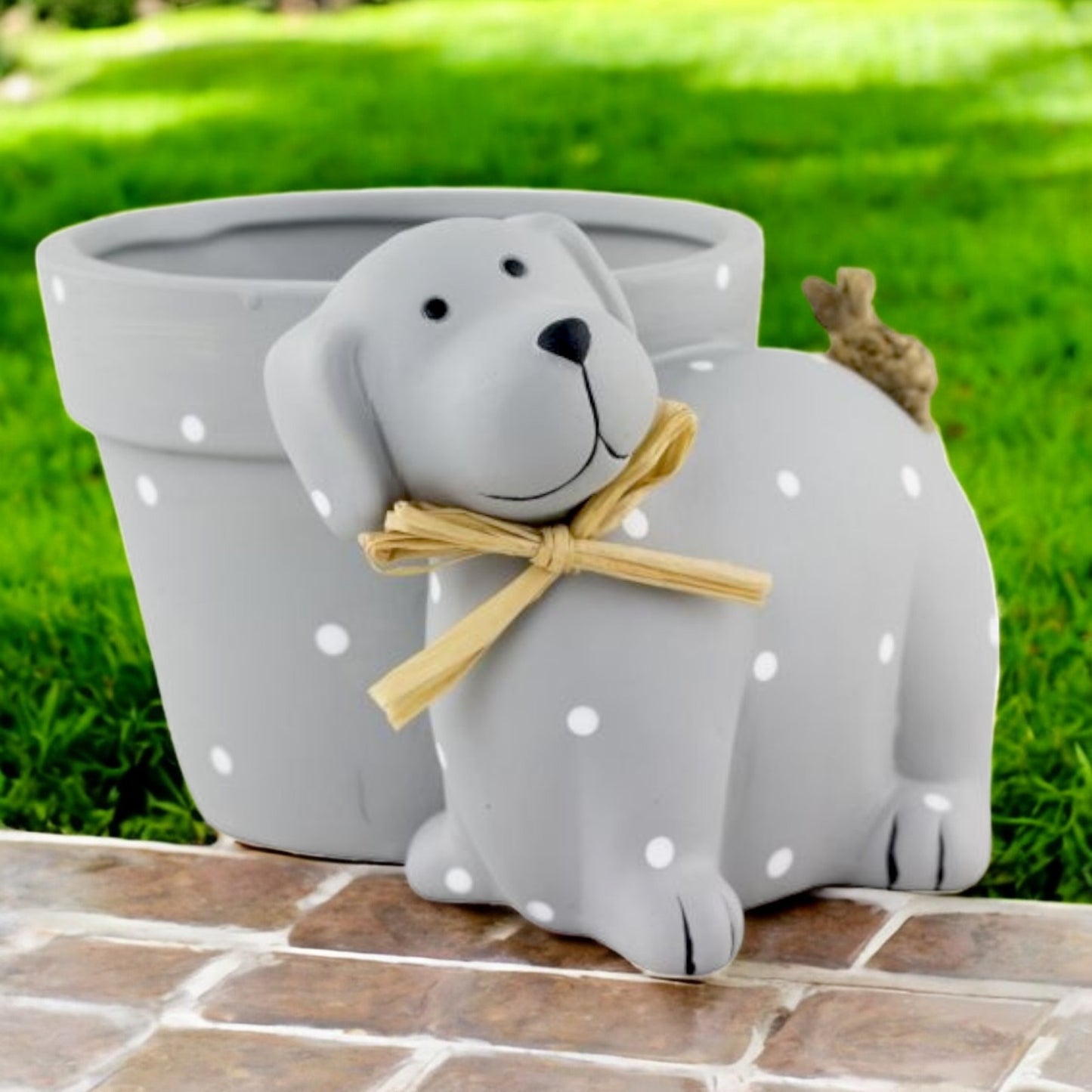 Cute Grey Dog Plant Pot – Polka Dot Resin Planter for Dog Lovers