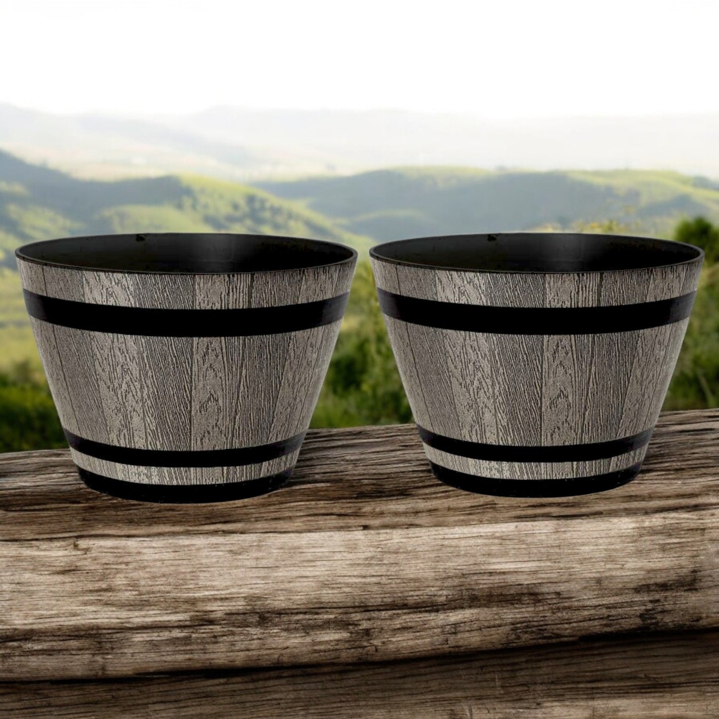 Whiskey Barrel 15" Brown Ash Planter – Rustic Garden Pot with 18.35L Capacity