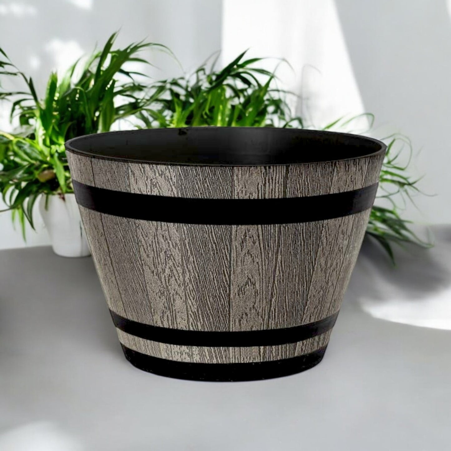 Whiskey Barrel 15" Brown Ash Planter – Rustic Garden Pot with 18.35L Capacity