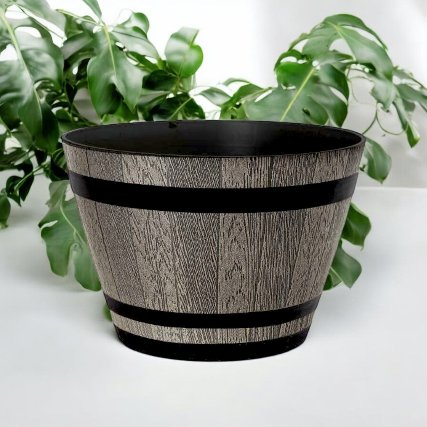 Whiskey Barrel 15" Brown Ash Planter – Rustic Garden Pot with 18.35L Capacity