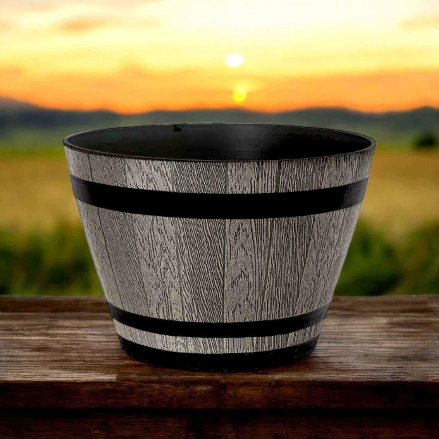 Whiskey Barrel 15" Brown Ash Planter – Rustic Garden Pot with 18.35L Capacity