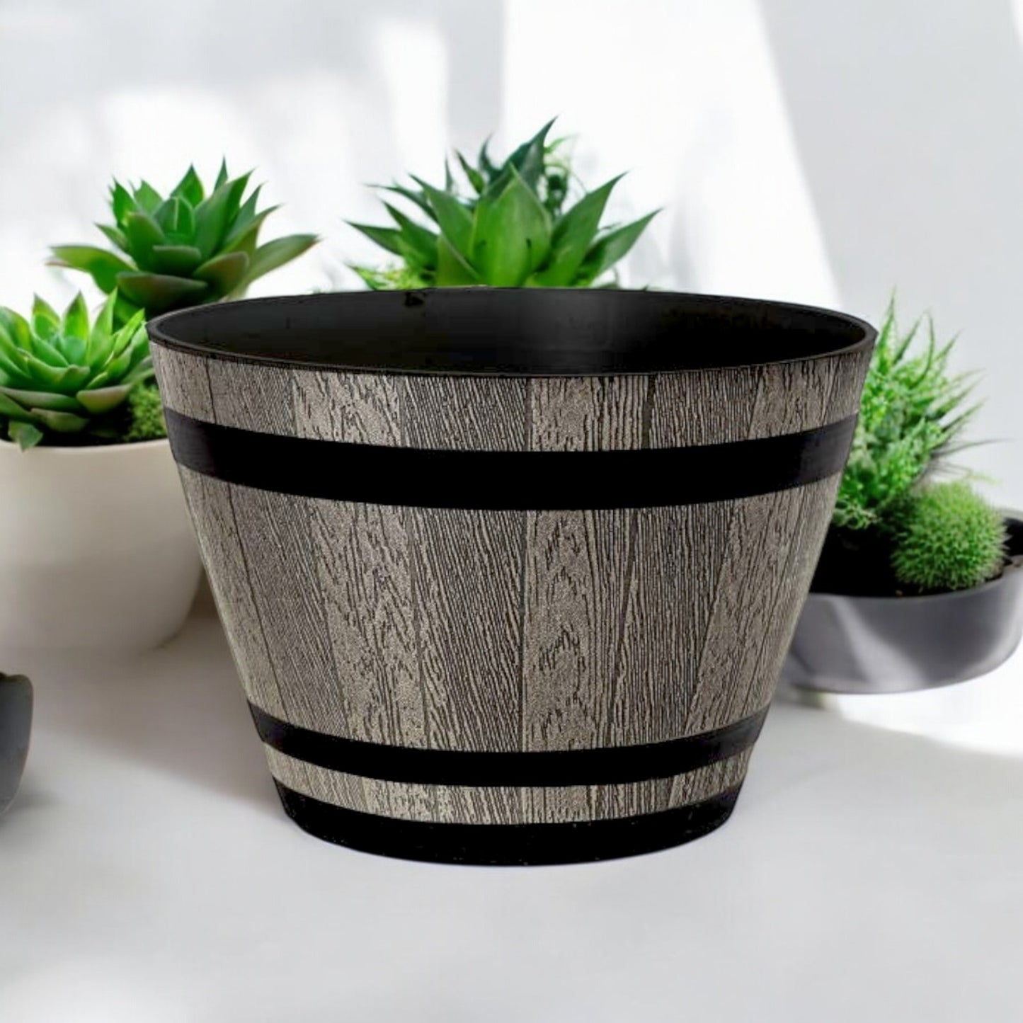 Whiskey Barrel 15" Brown Ash Planter – Rustic Garden Pot with 18.35L Capacity