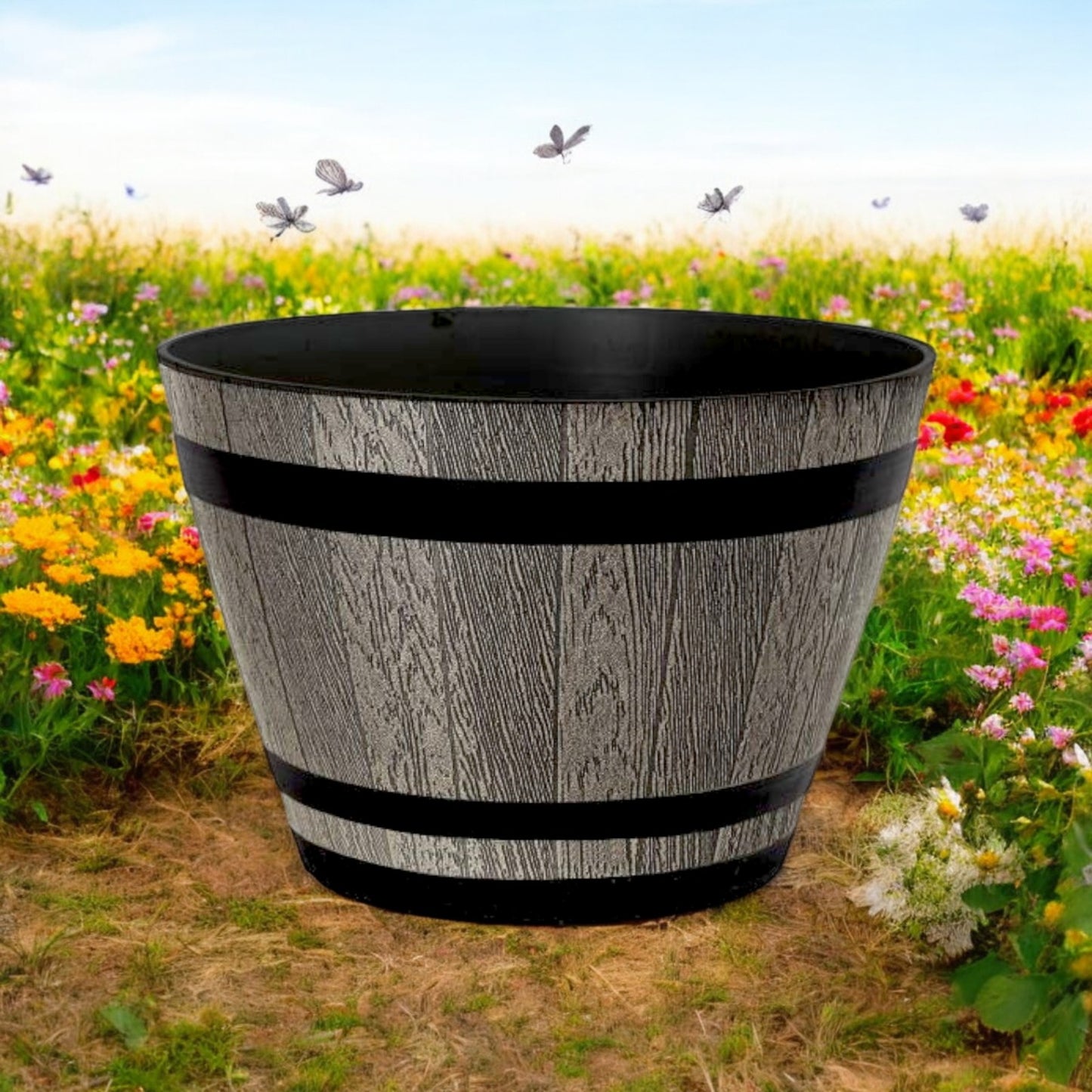 Whiskey Barrel 15" Brown Ash Planter – Rustic Garden Pot with 18.35L Capacity