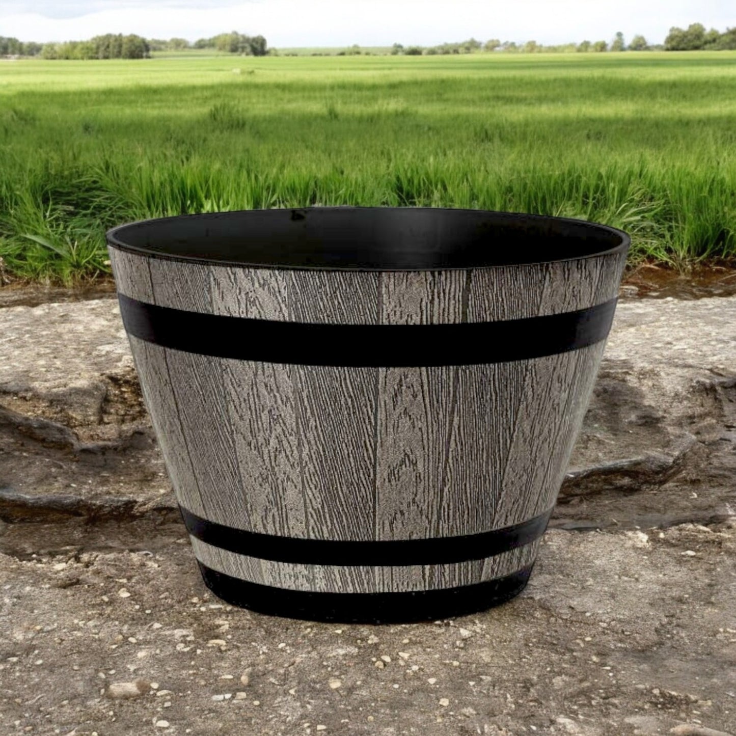 Whiskey Barrel 15" Brown Ash Planter – Rustic Garden Pot with 18.35L Capacity