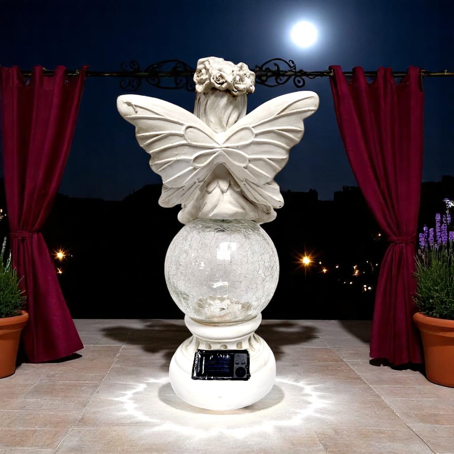 Solar Fairy Garden Statue with Crackle Glass Light – 38cm Resin Ornament