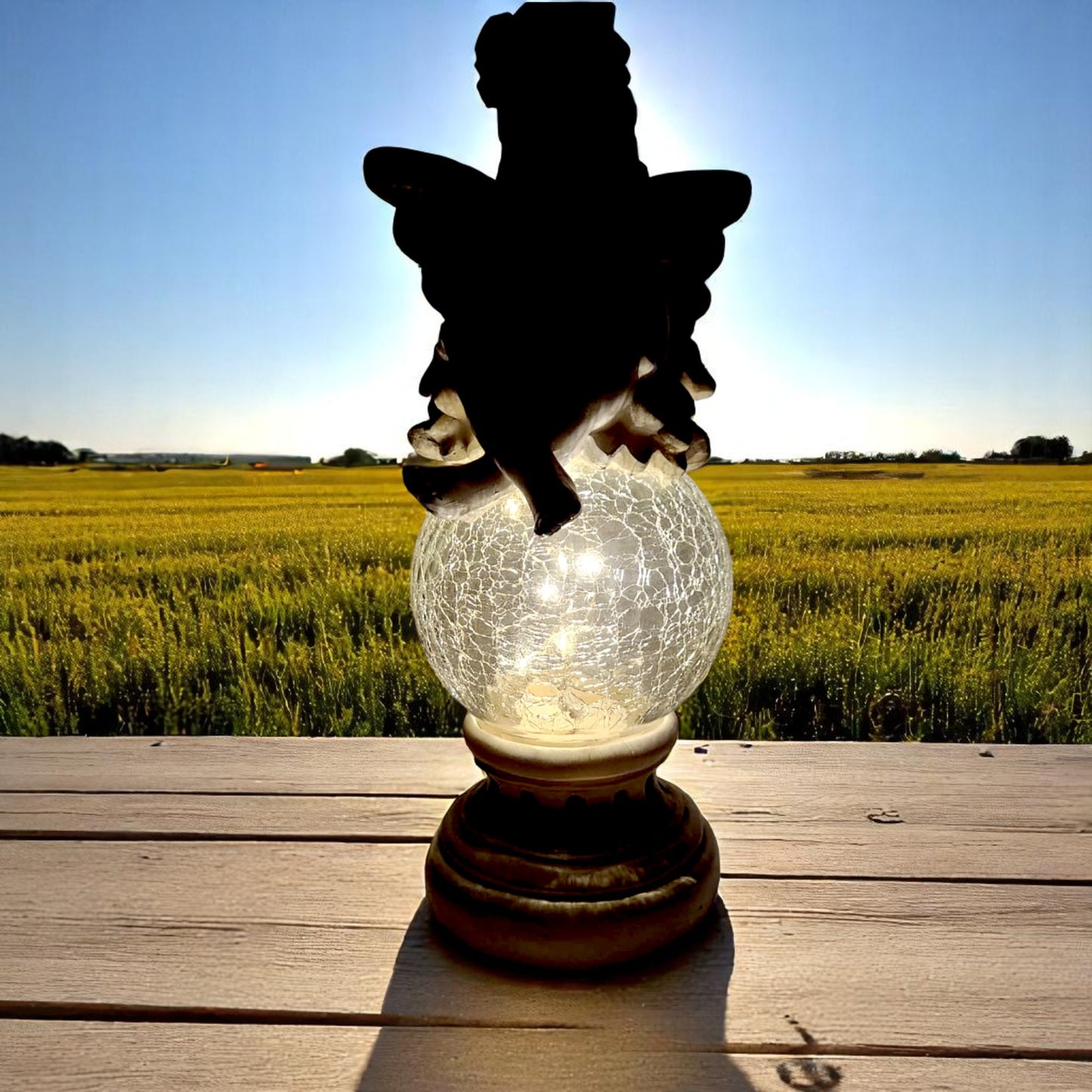 Solar Fairy Garden Statue with Crackle Glass Light – 38cm Resin Ornament