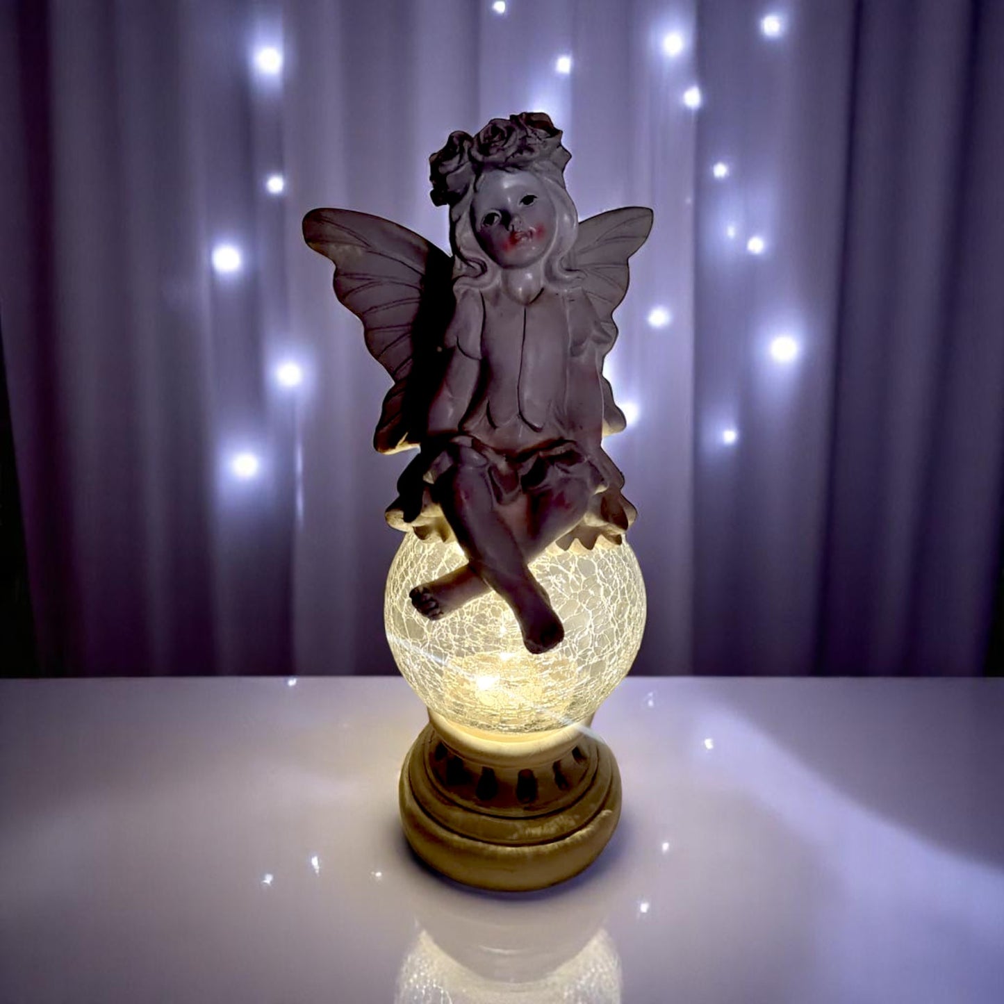 Solar Fairy Garden Statue with Crackle Glass Light – 38cm Resin Ornament