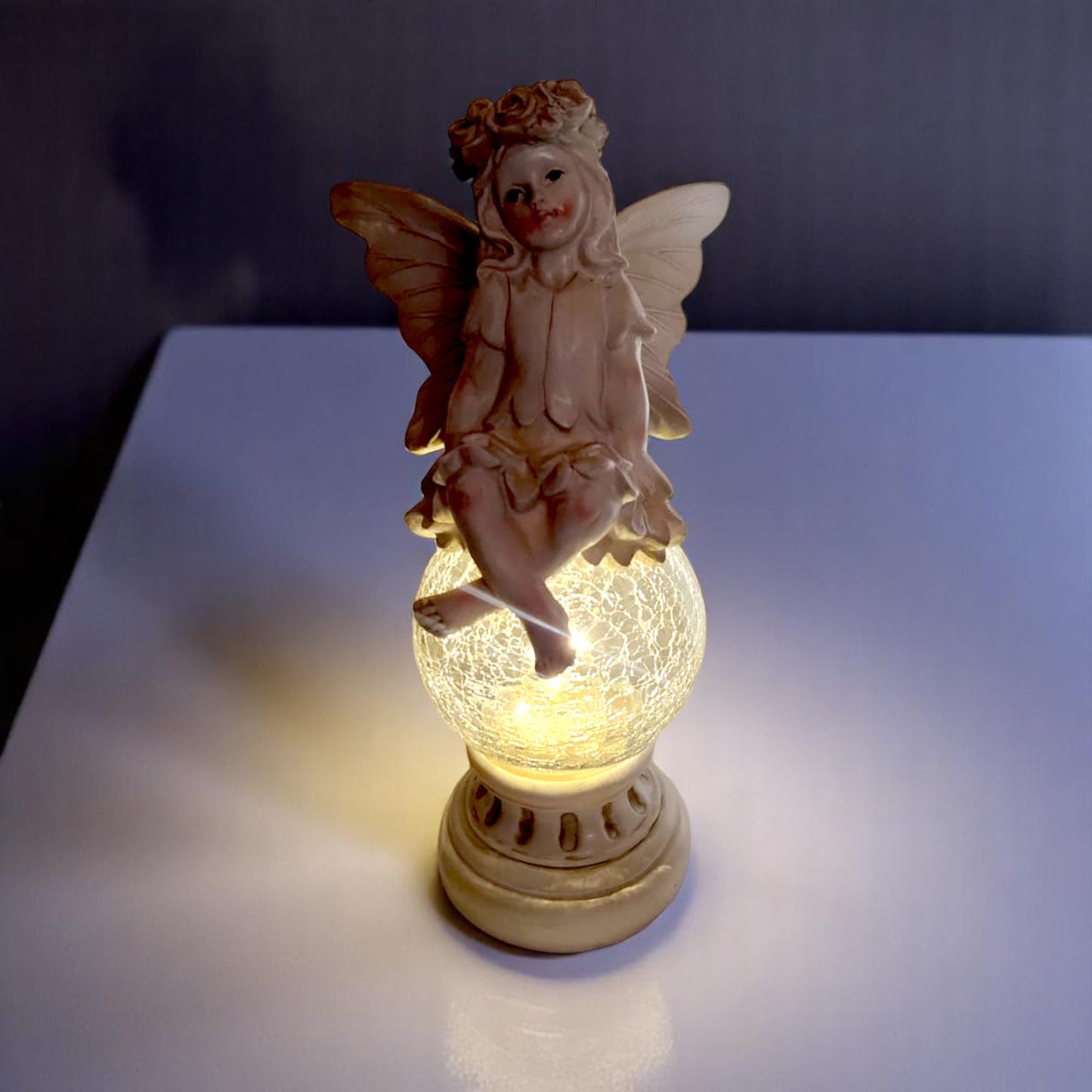Solar Fairy Garden Statue with Crackle Glass Light – 38cm Resin Ornament