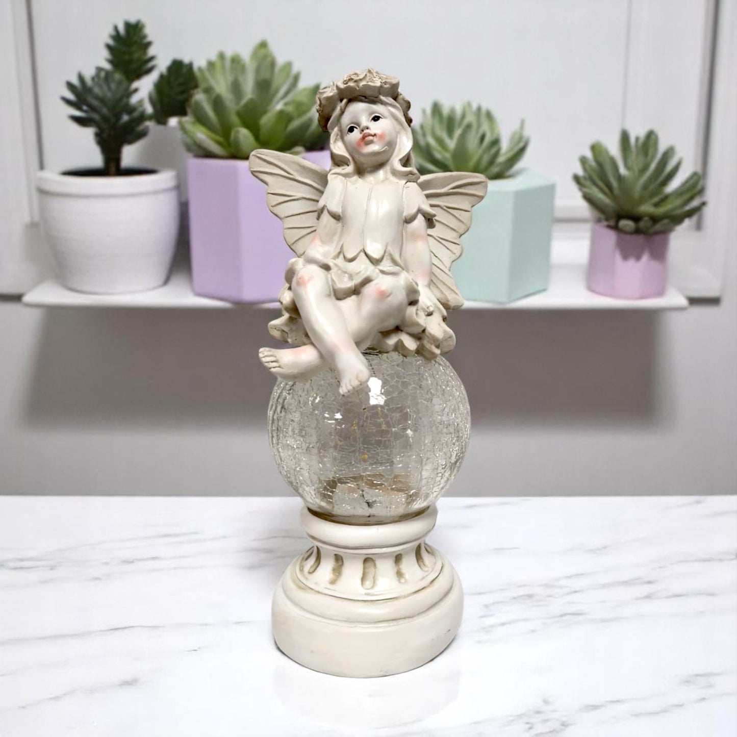 Solar Fairy Garden Statue with Crackle Glass Light – 38cm Resin Ornament