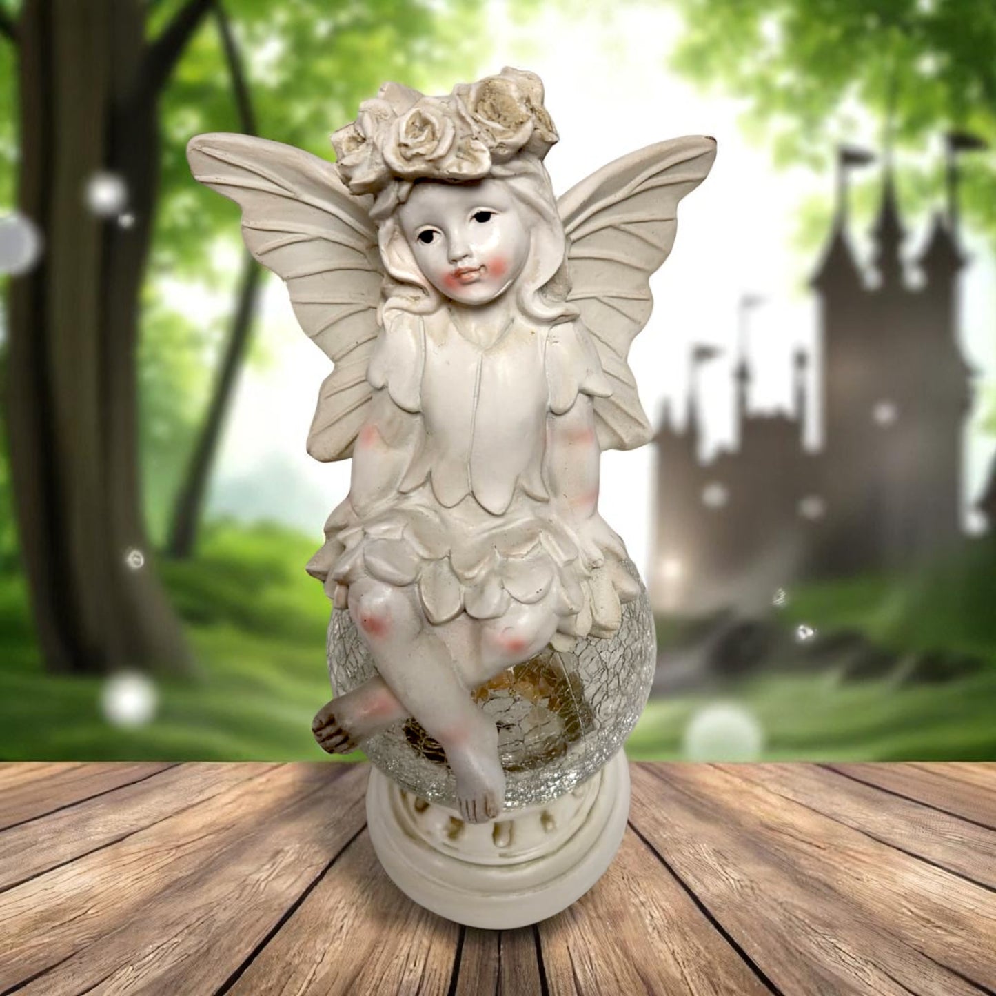 Solar Fairy Garden Statue with Crackle Glass Light – 38cm Resin Ornament
