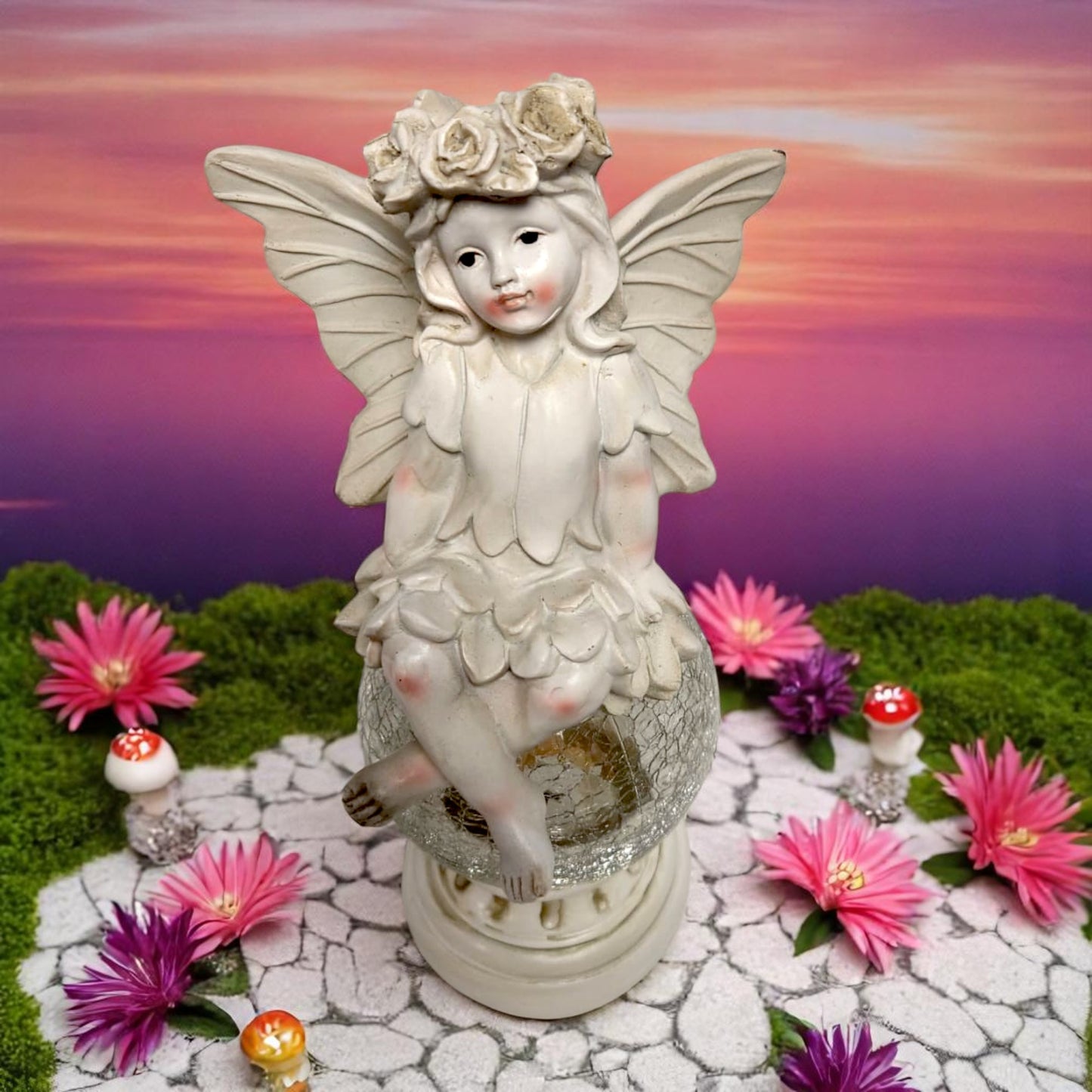 Solar Fairy Garden Statue with Crackle Glass Light – 38cm Resin Ornament