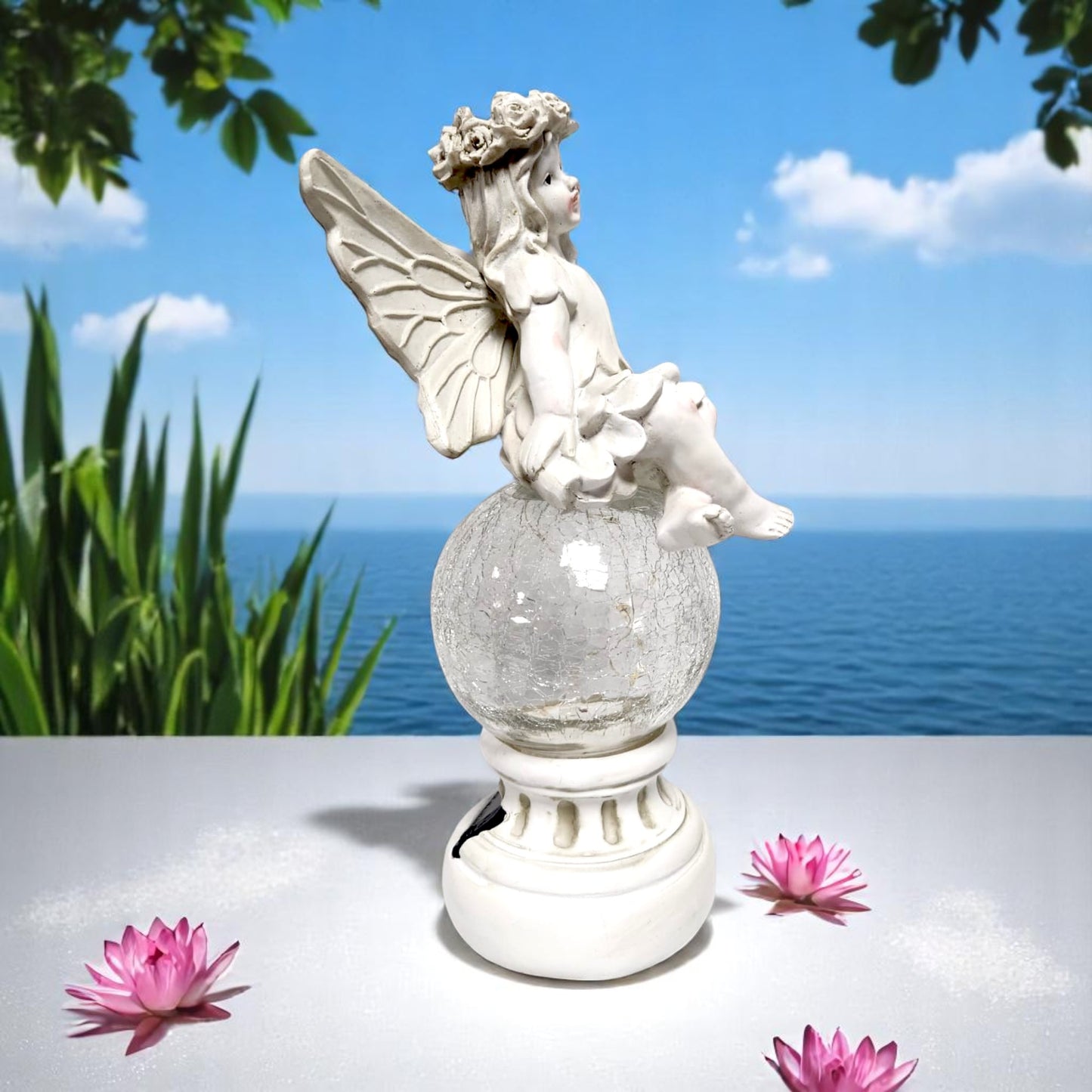 Solar Fairy Garden Statue with Crackle Glass Light – 38cm Resin Ornament