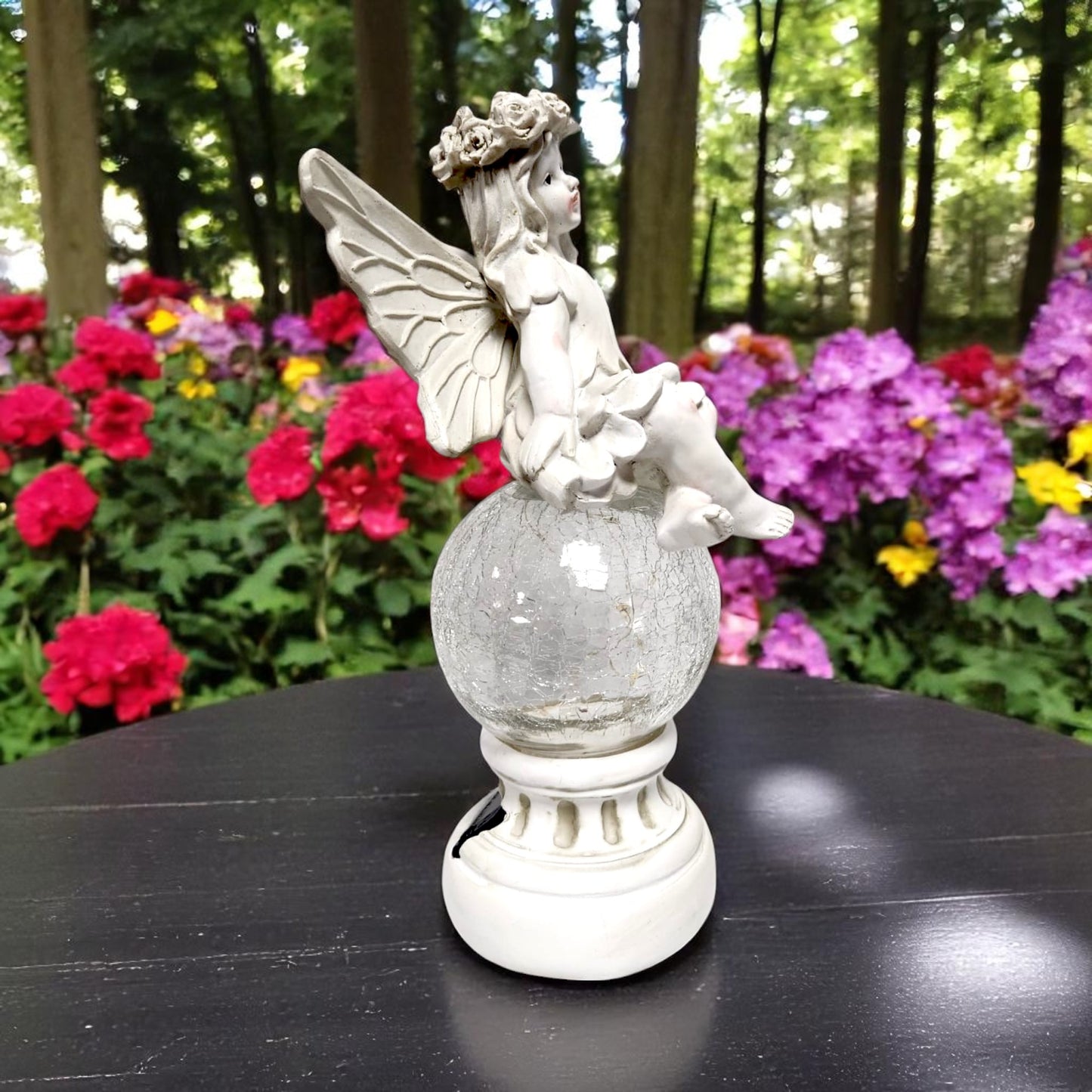 Solar Fairy Garden Statue with Crackle Glass Light – 38cm Resin Ornament