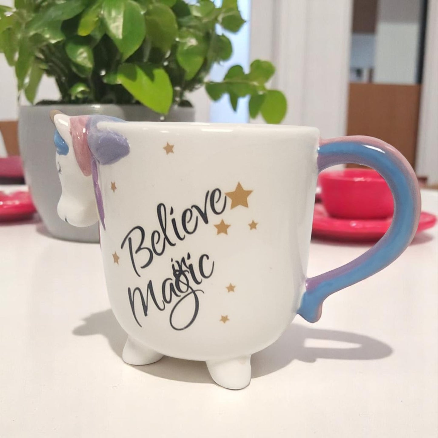 3D Unicorn Mug ‘Believe in Magic’ Ceramic Coffee Cup with Rainbow Handle Cute Gift for Girls & Unicorn Lovers (UK Exclusive)"