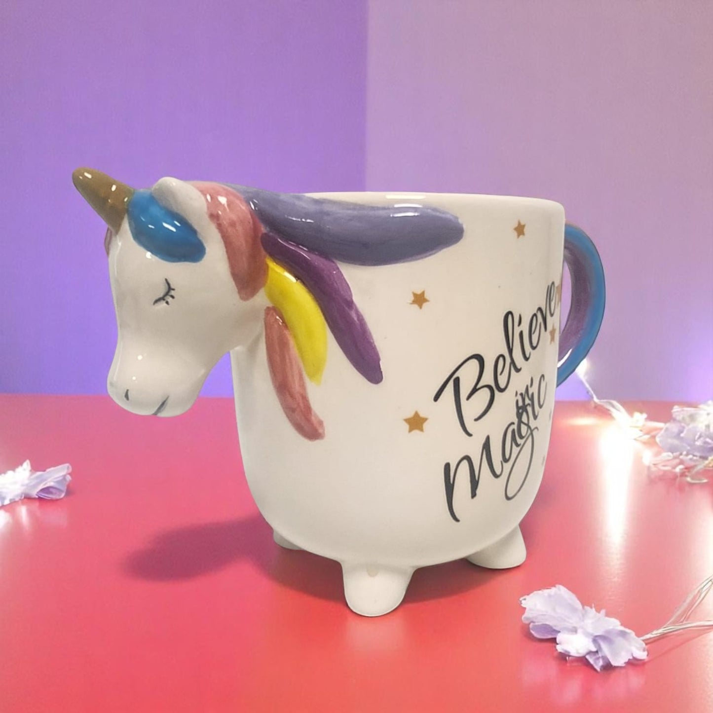 3D Unicorn Mug ‘Believe in Magic’ Ceramic Coffee Cup with Rainbow Handle Cute Gift for Girls & Unicorn Lovers (UK Exclusive)"