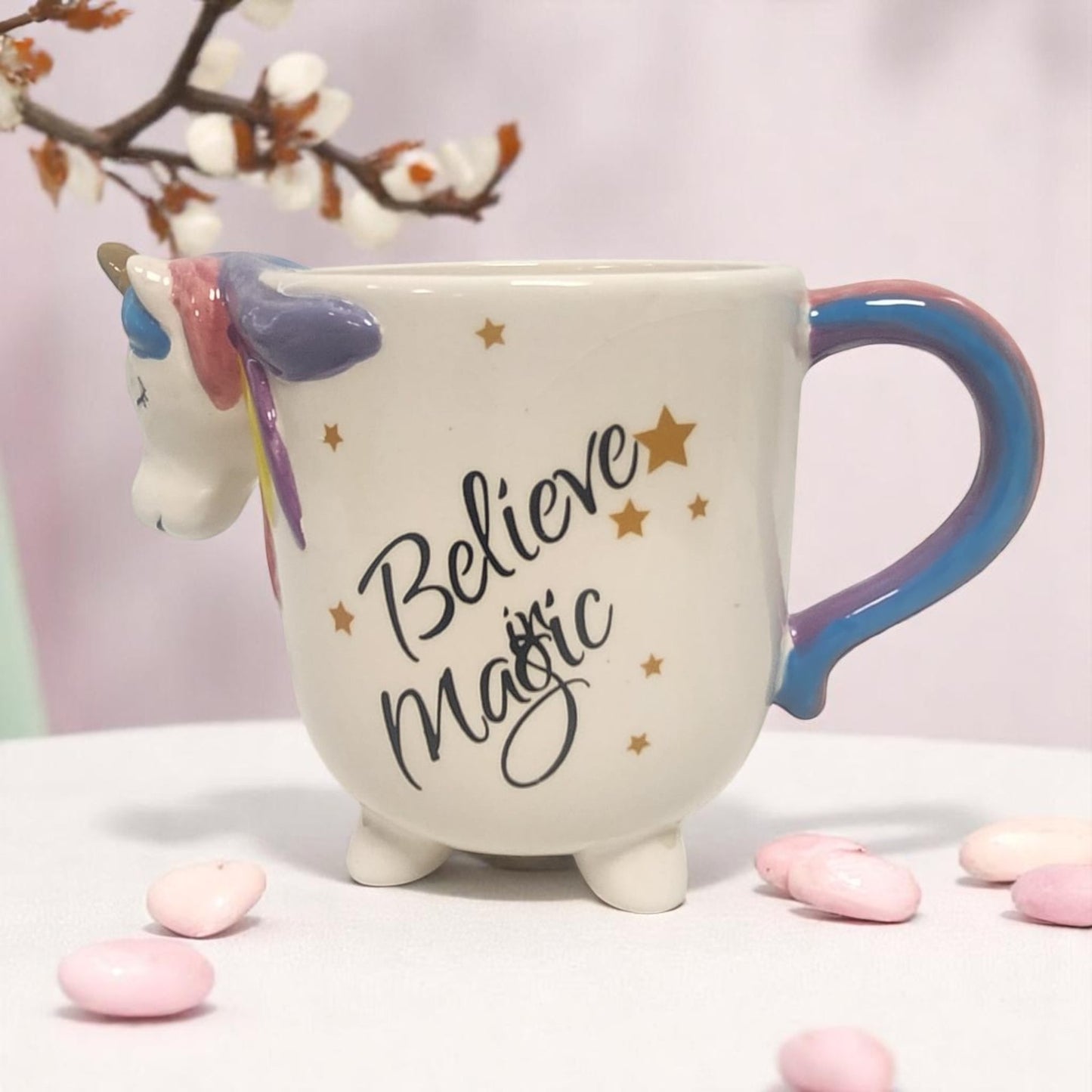 3D Unicorn Mug ‘Believe in Magic’ Ceramic Coffee Cup with Rainbow Handle Cute Gift for Girls & Unicorn Lovers (UK Exclusive)"