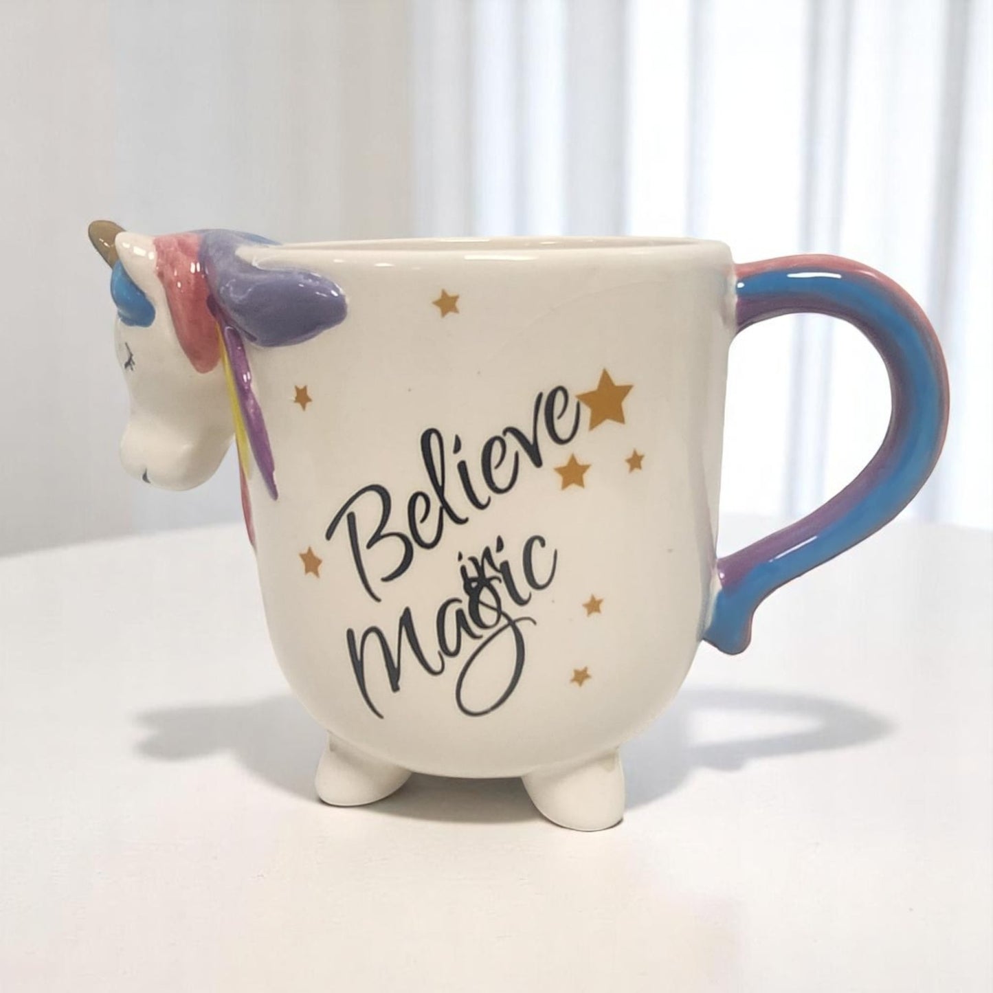 3D Unicorn Mug ‘Believe in Magic’ Ceramic Coffee Cup with Rainbow Handle Cute Gift for Girls & Unicorn Lovers (UK Exclusive)"