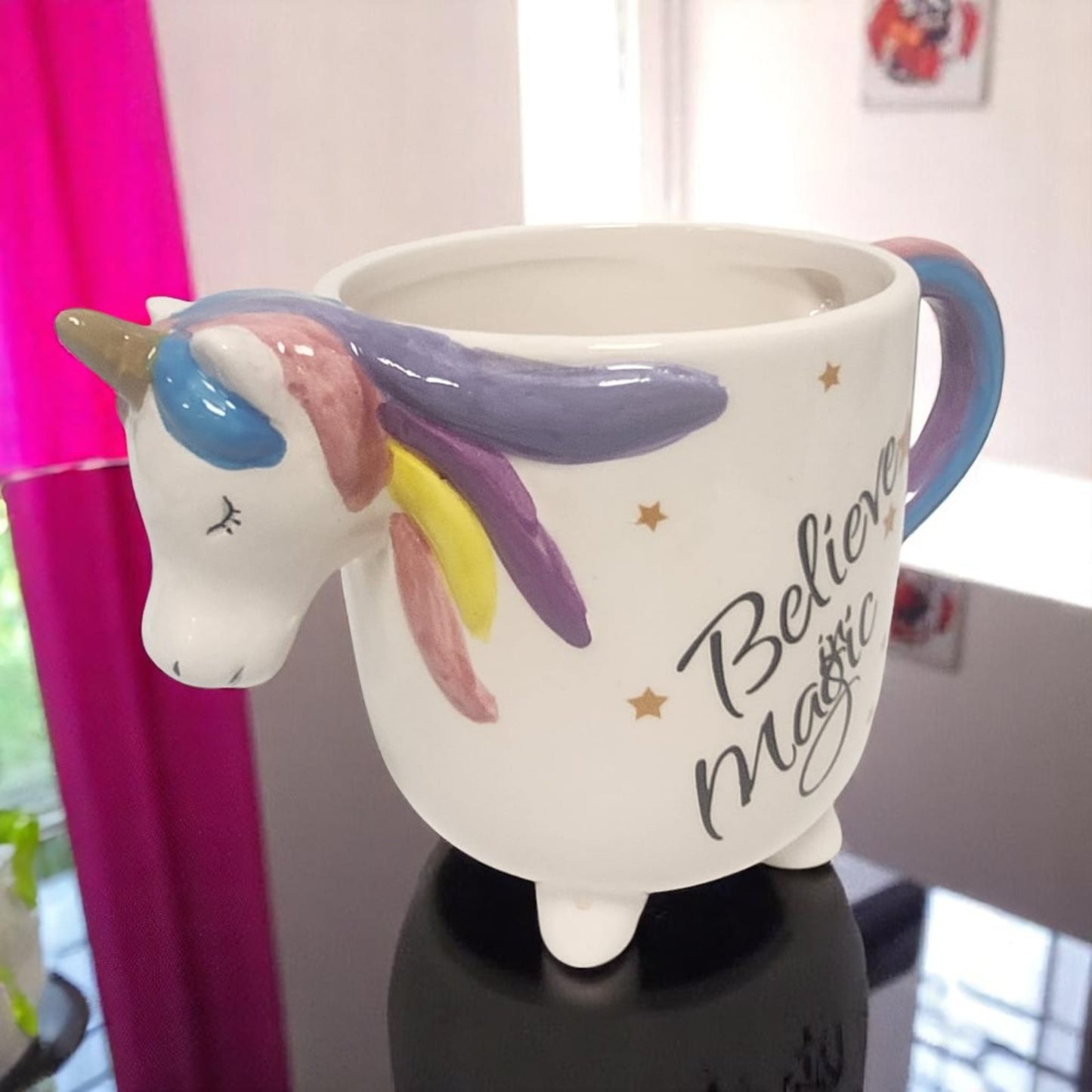 3D Unicorn Mug ‘Believe in Magic’ Ceramic Coffee Cup with Rainbow Handle Cute Gift for Girls & Unicorn Lovers (UK Exclusive)"