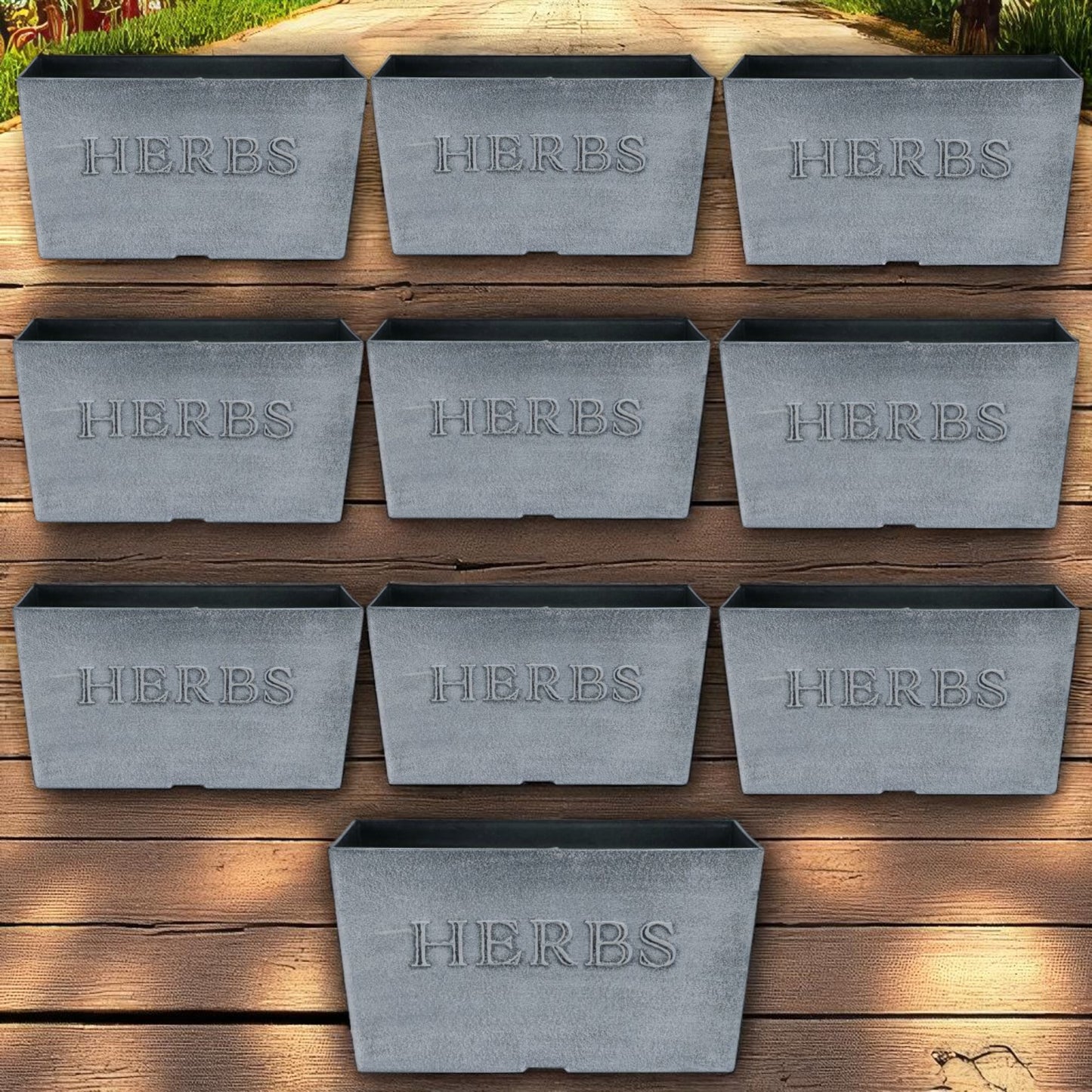 Rustic Grey HERBS Planter Box with Drainage – 5.2L Pot for Indoor/Outdoor Use (Pack of 2 / 5 / 10)