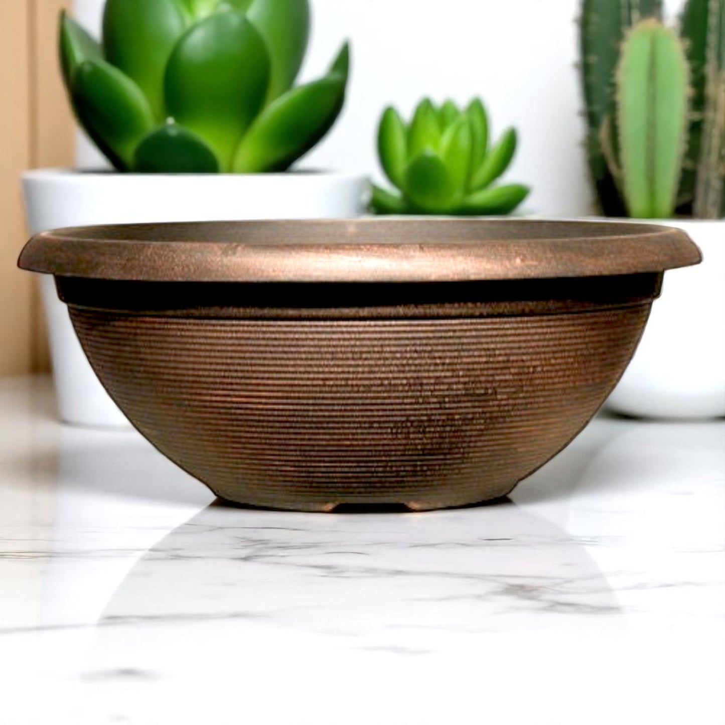 17" Helix Bowl Planter – Warm Copper Finish with Drainage Hole | Indoor & Outdoor