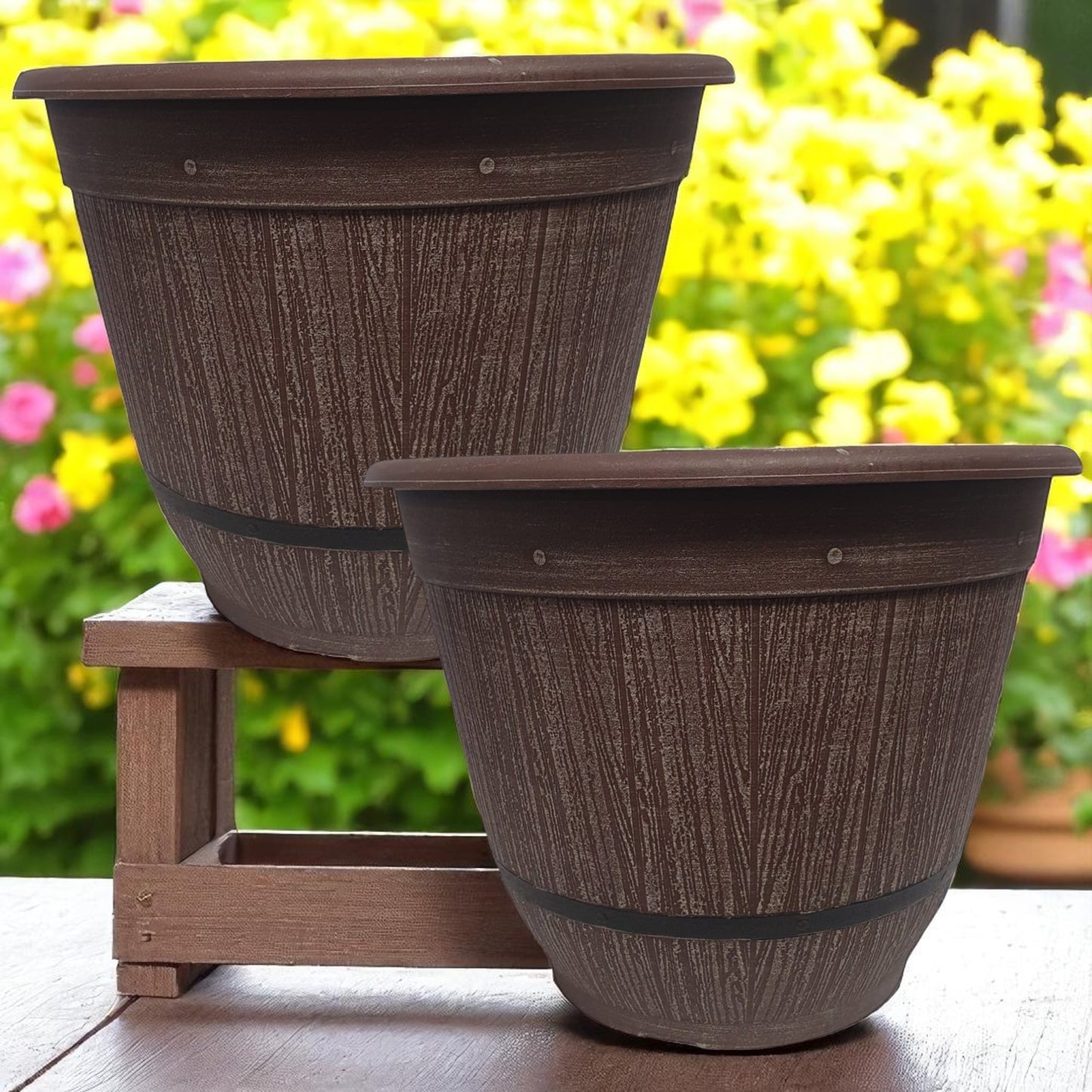 Cask Planter Bell 35cm – Driftwood Effect Barrel Pot with Band & Drainage Hole