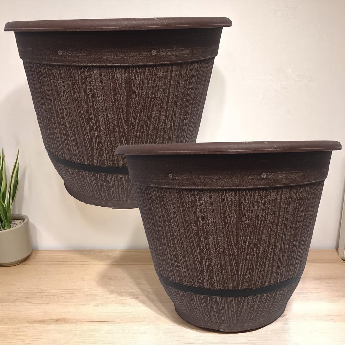 Cask Planter Bell 35cm – Driftwood Effect Barrel Pot with Band & Drainage Hole