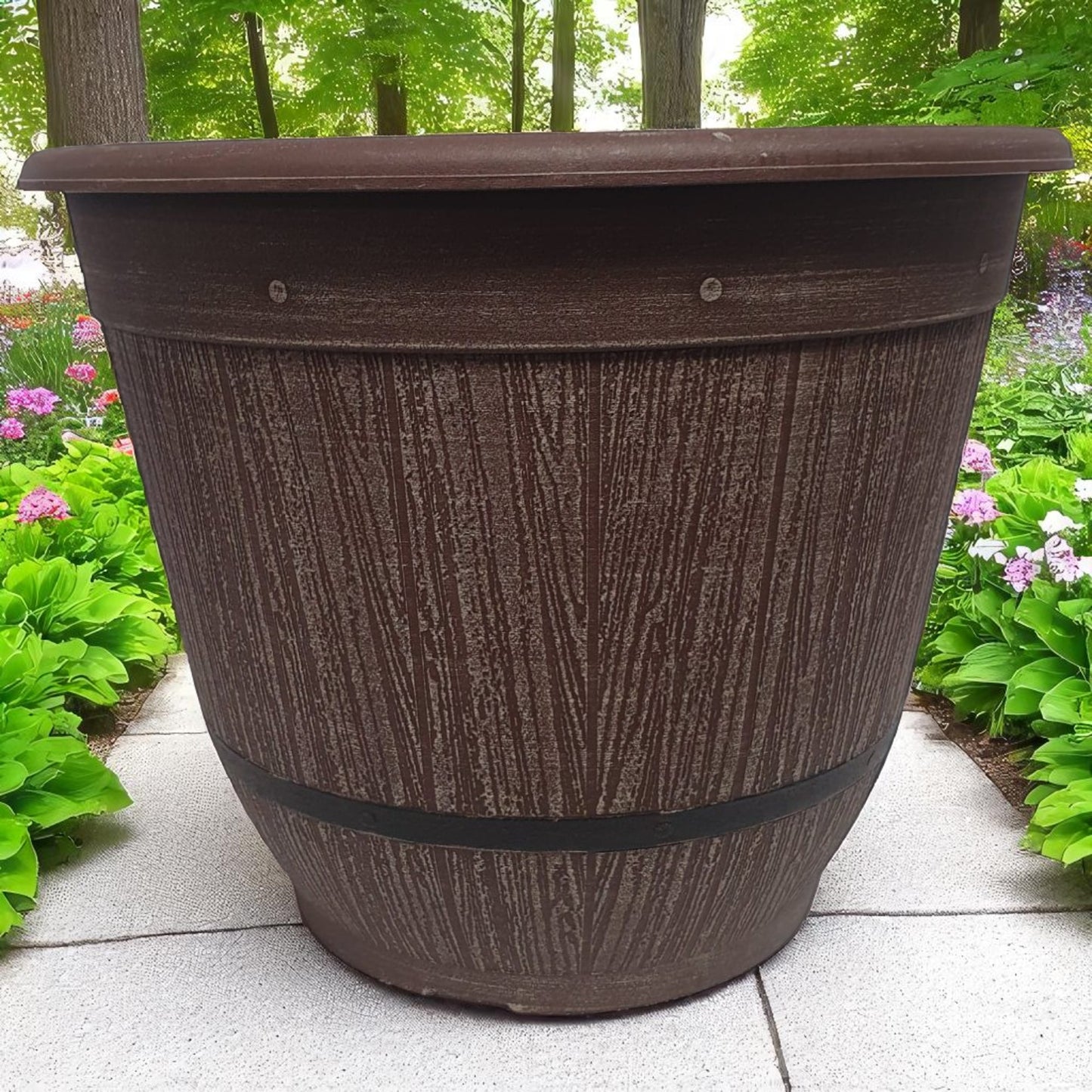 Cask Planter Bell 35cm – Driftwood Effect Barrel Pot with Band & Drainage Hole