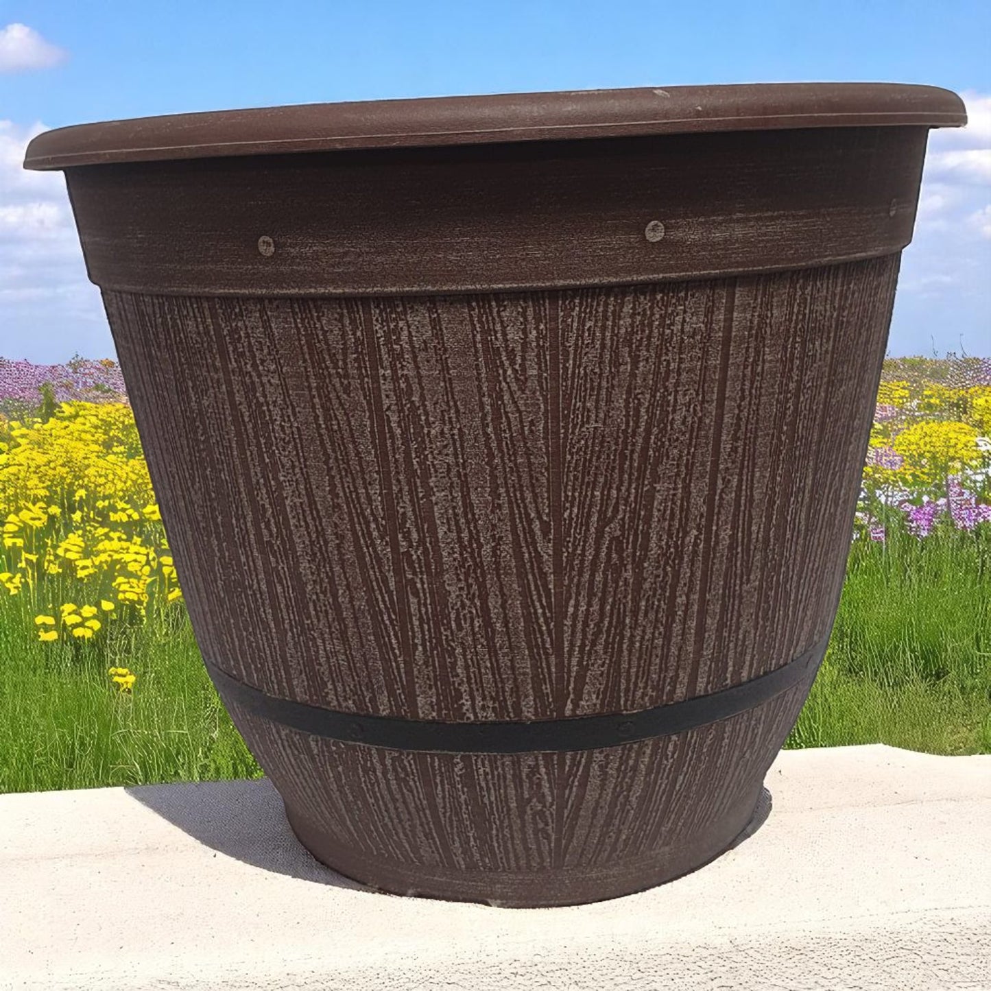 Cask Planter Bell 35cm – Driftwood Effect Barrel Pot with Band & Drainage Hole