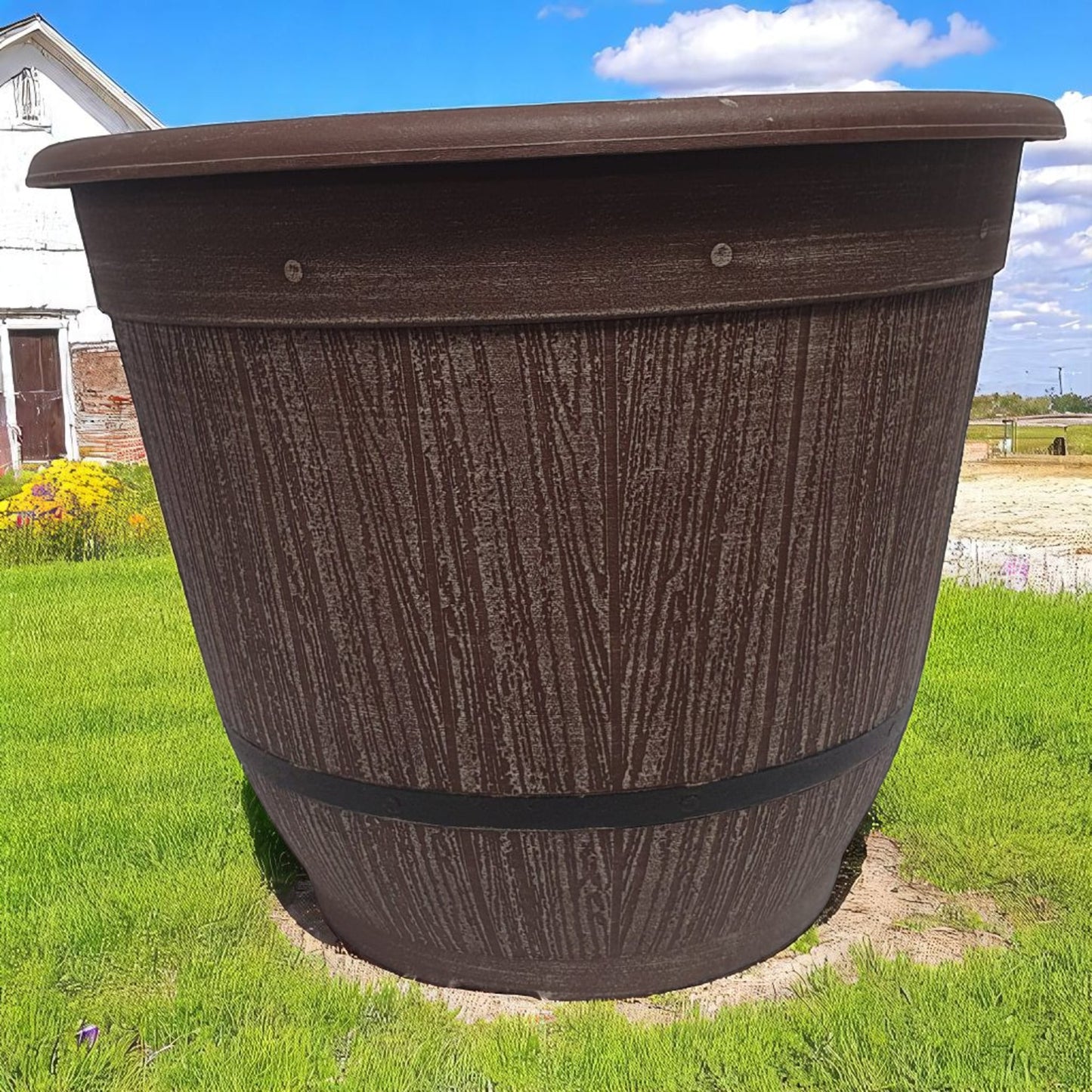 Cask Planter Bell 35cm – Driftwood Effect Barrel Pot with Band & Drainage Hole