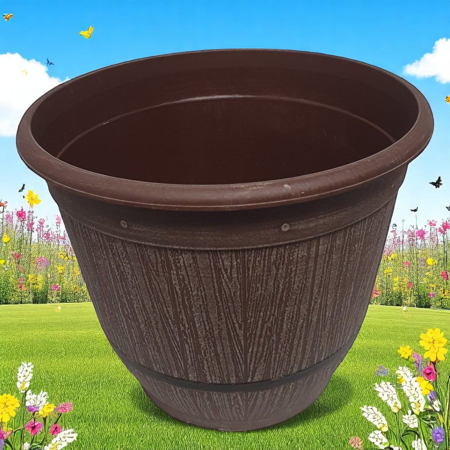 Cask Planter Bell 35cm – Driftwood Effect Barrel Pot with Band & Drainage Hole