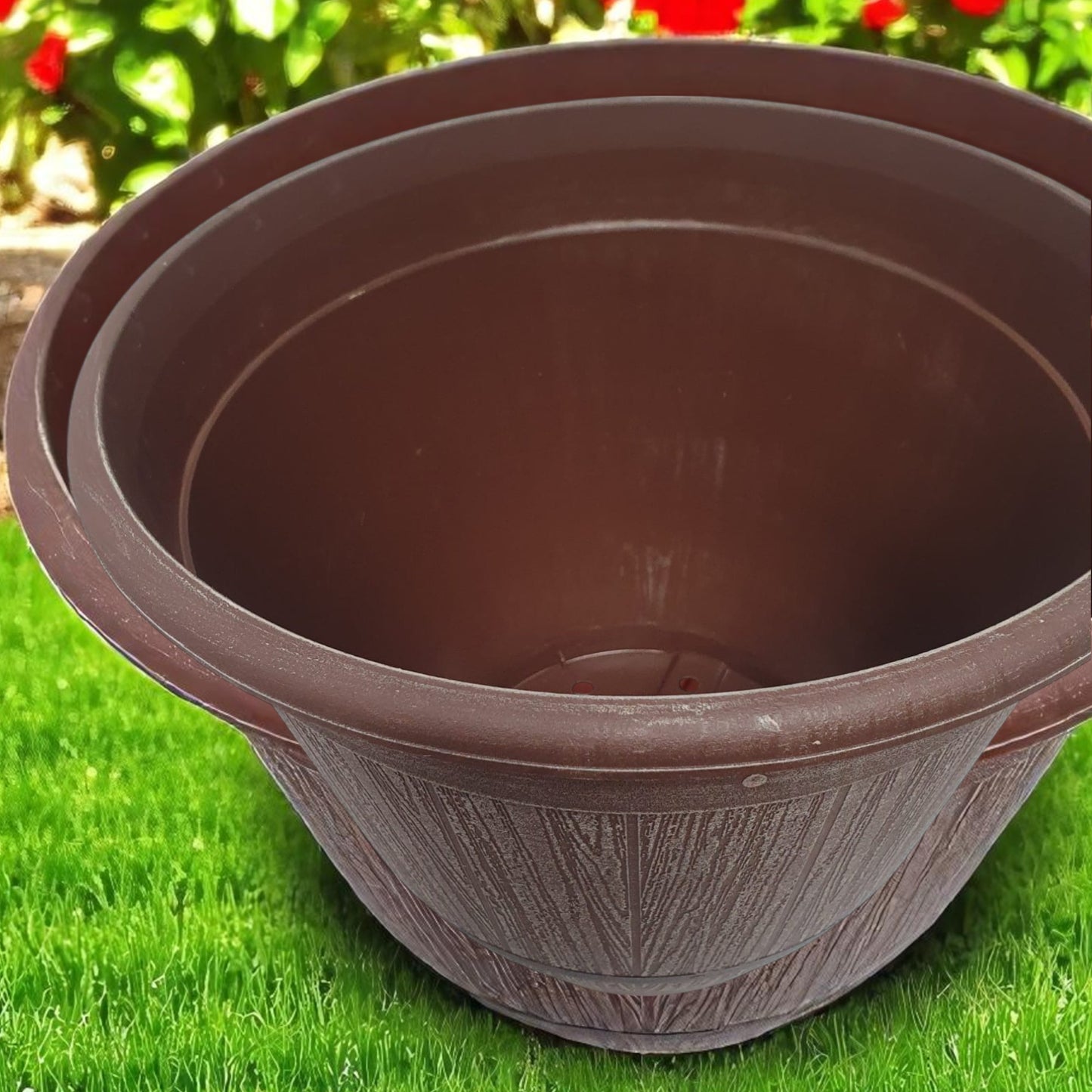 Cask Planter Bell 35cm – Driftwood Effect Barrel Pot with Band & Drainage Hole