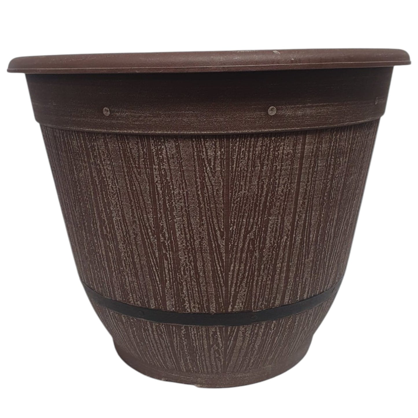 Cask Planter Bell 35cm – Driftwood Effect Barrel Pot with Band & Drainage Hole