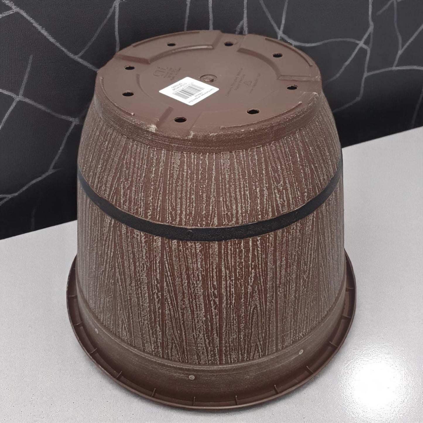 Cask Planter Bell 35cm – Driftwood Effect Barrel Pot with Band & Drainage Hole