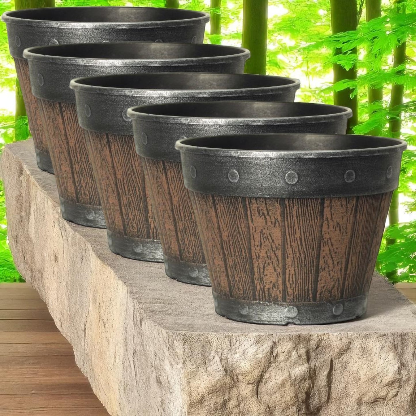Rustic Barrel-Style Cask Planter – 20cm Round Chestnut Brown | Pack of 5 or 10