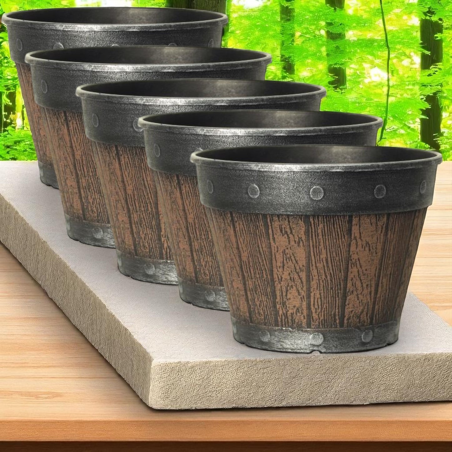 Rustic Barrel-Style Cask Planter – 20cm Round Chestnut Brown | Pack of 5 or 10