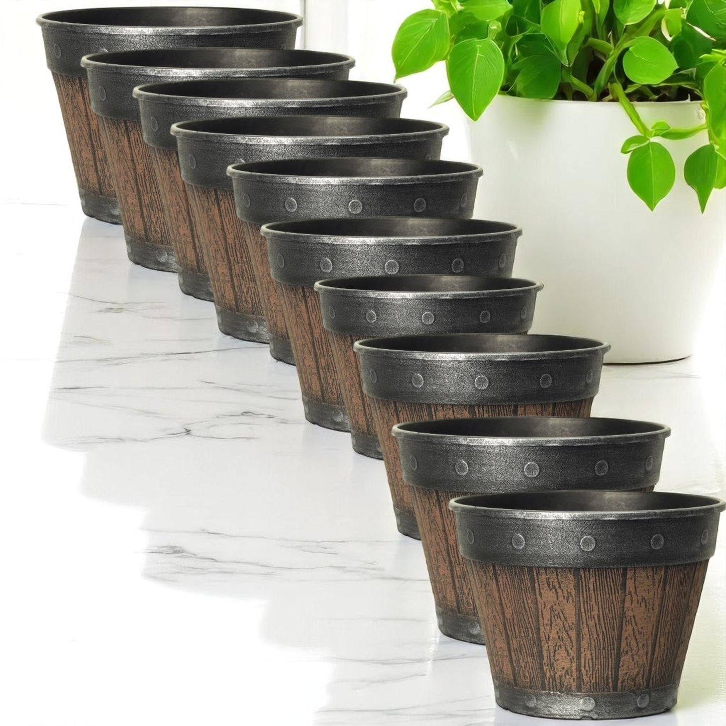 Rustic Barrel-Style Cask Planter – 20cm Round Chestnut Brown | Pack of 5 or 10