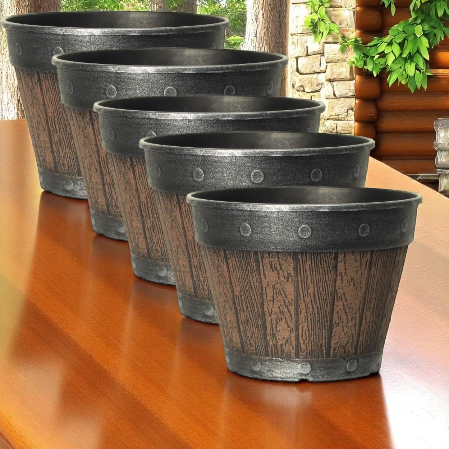 Rustic Barrel-Style Cask Planter – 20cm Round Chestnut Brown | Pack of 5 or 10