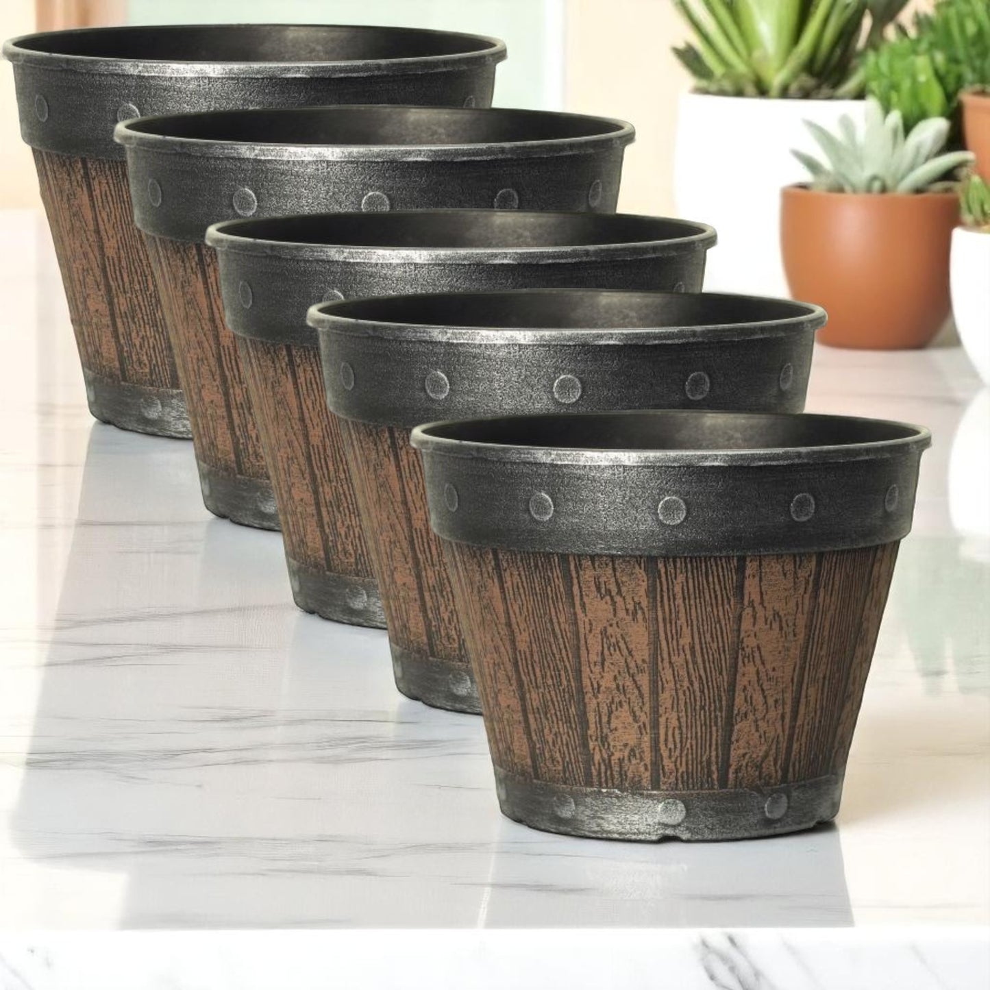 Rustic Barrel-Style Cask Planter – 20cm Round Chestnut Brown | Pack of 5 or 10