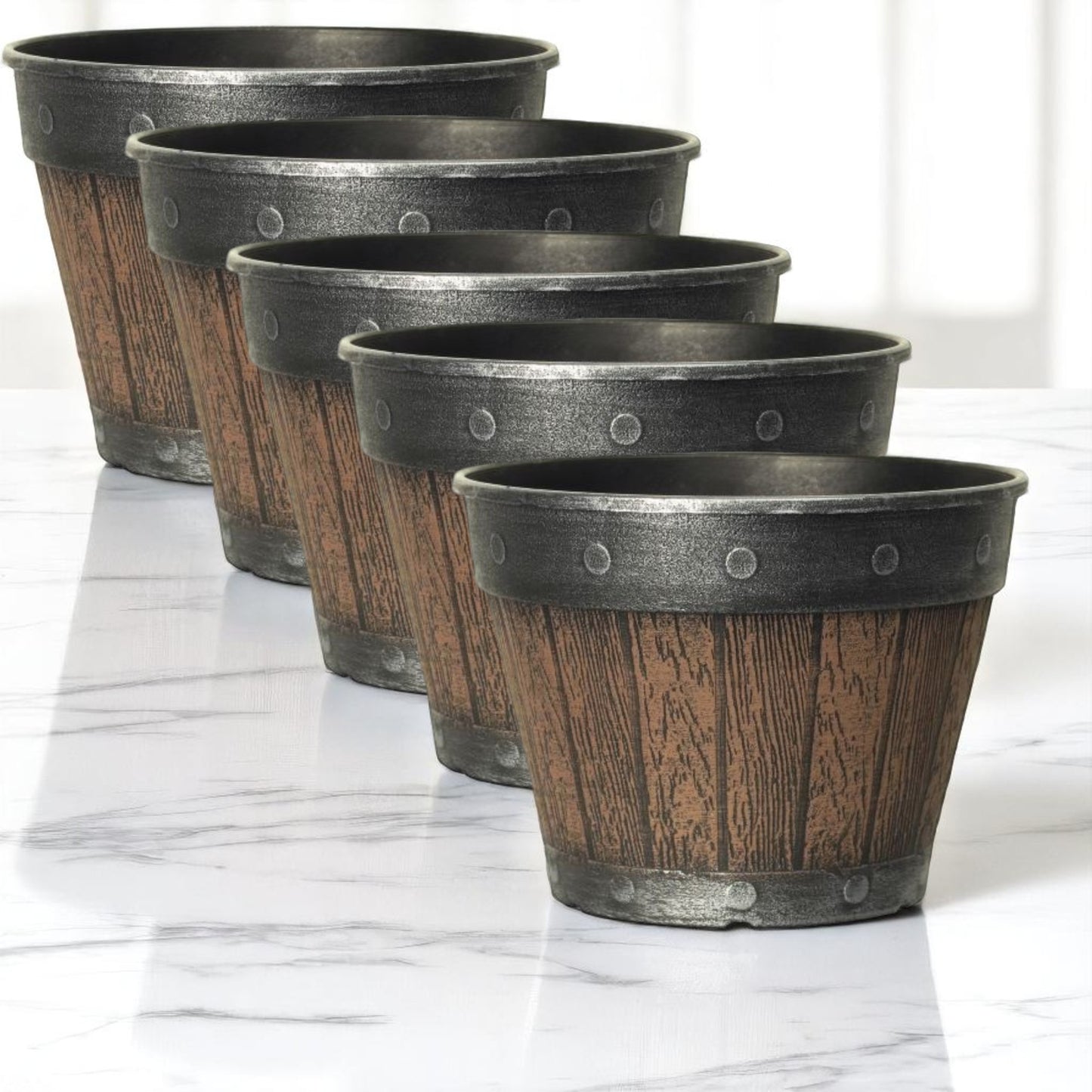 Rustic Barrel-Style Cask Planter – 20cm Round Chestnut Brown | Pack of 5 or 10