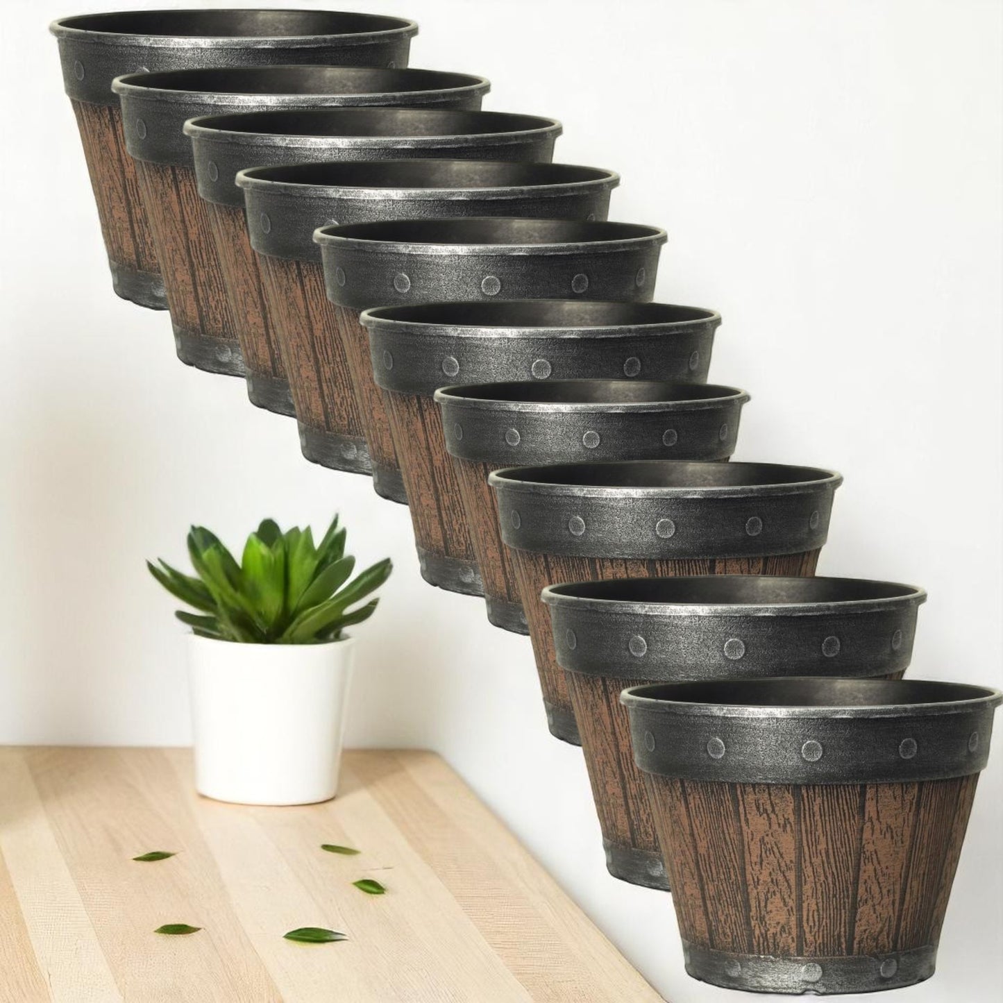 Rustic Barrel-Style Cask Planter – 20cm Round Chestnut Brown | Pack of 5 or 10