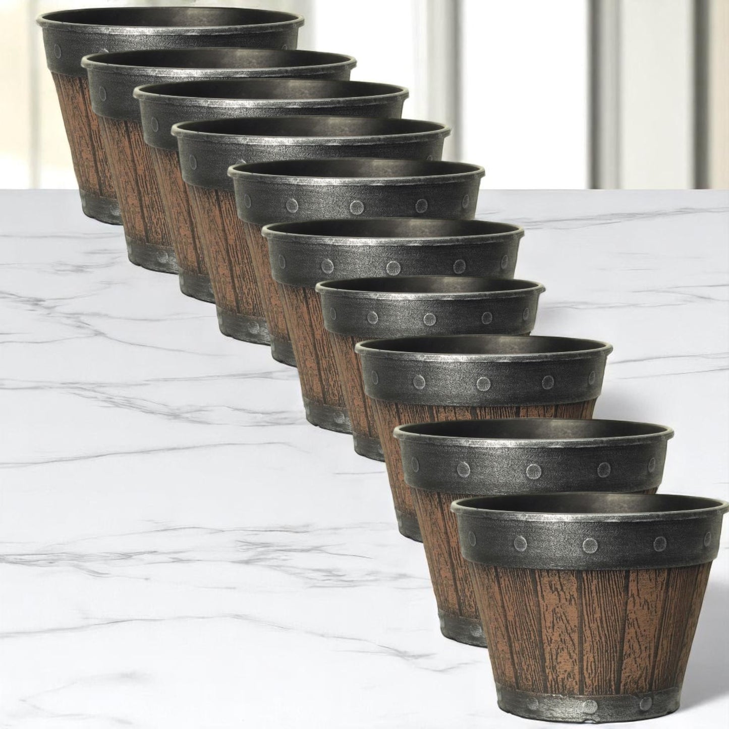 Rustic Barrel-Style Cask Planter – 20cm Round Chestnut Brown | Pack of 5 or 10
