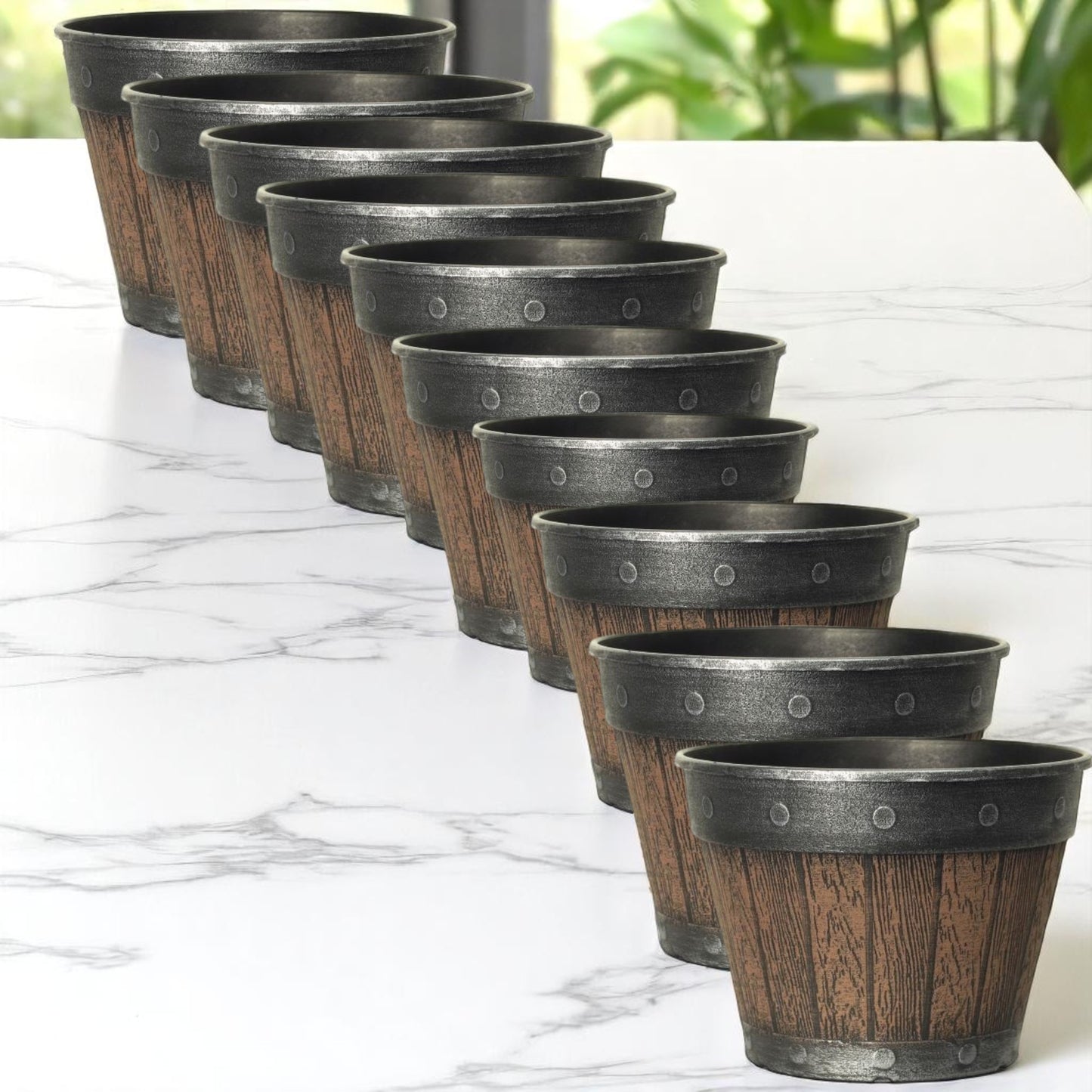 Rustic Barrel-Style Cask Planter – 20cm Round Chestnut Brown | Pack of 5 or 10
