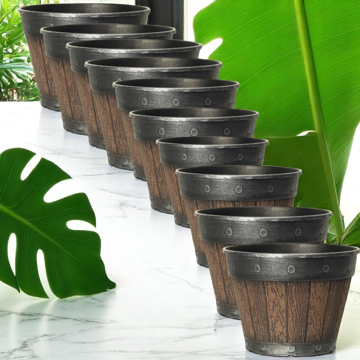 Rustic Barrel-Style Cask Planter – 20cm Round Chestnut Brown | Pack of 5 or 10