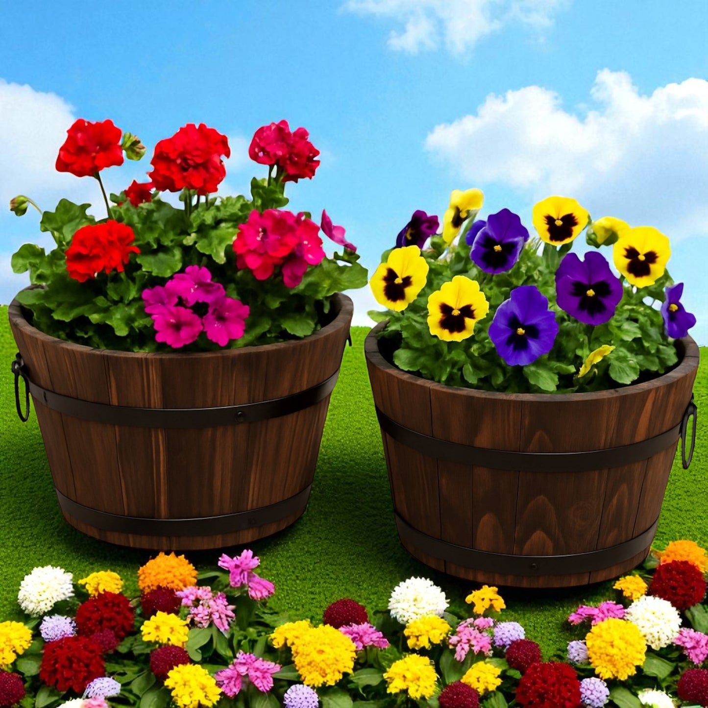 Pack of 2 Rustic Barrel-Style Planters – 24cm Round Brown Wooden-Look Garden Plant Pots
