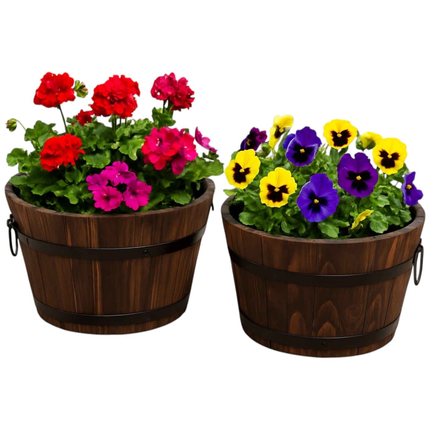 Pack of 2 Rustic Barrel-Style Planters – 24cm Round Brown Wooden-Look Garden Plant Pots