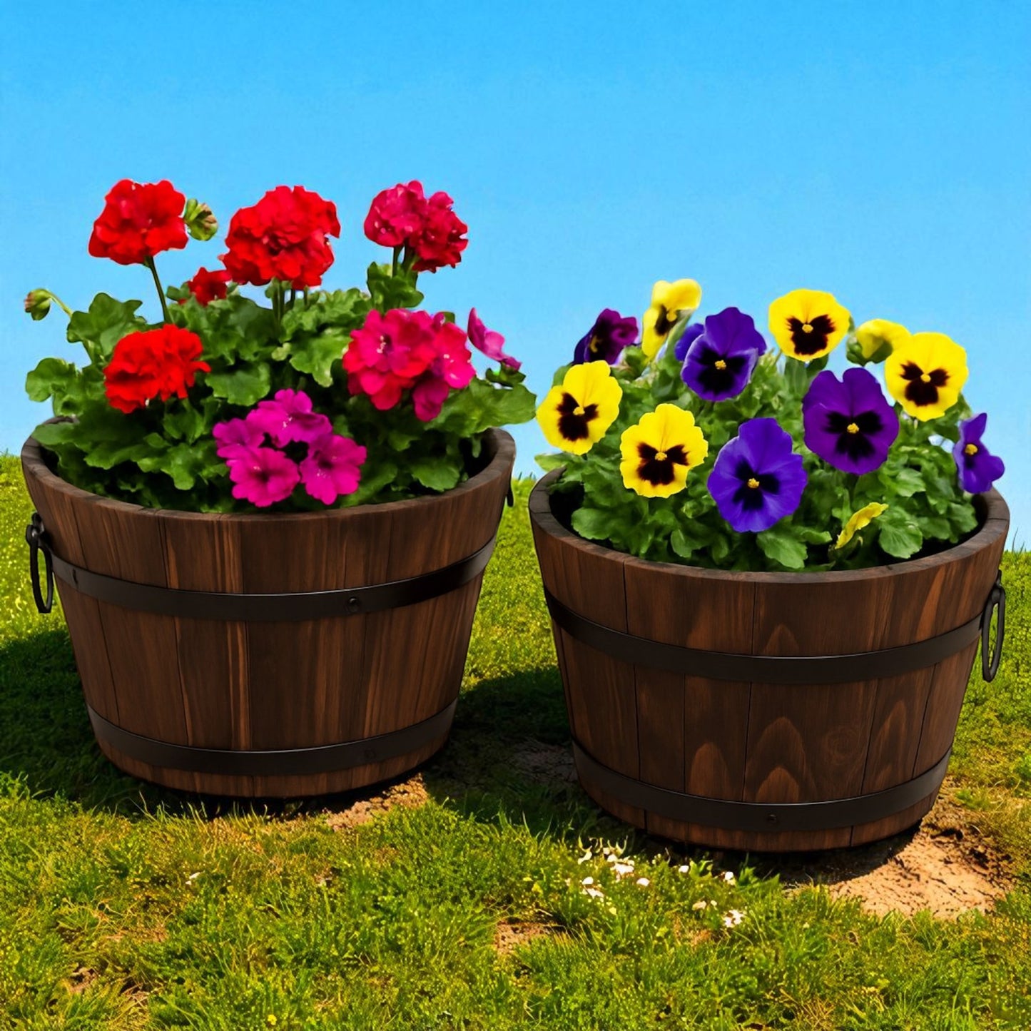 Pack of 2 Rustic Barrel-Style Planters – 24cm Round Brown Wooden-Look Garden Plant Pots