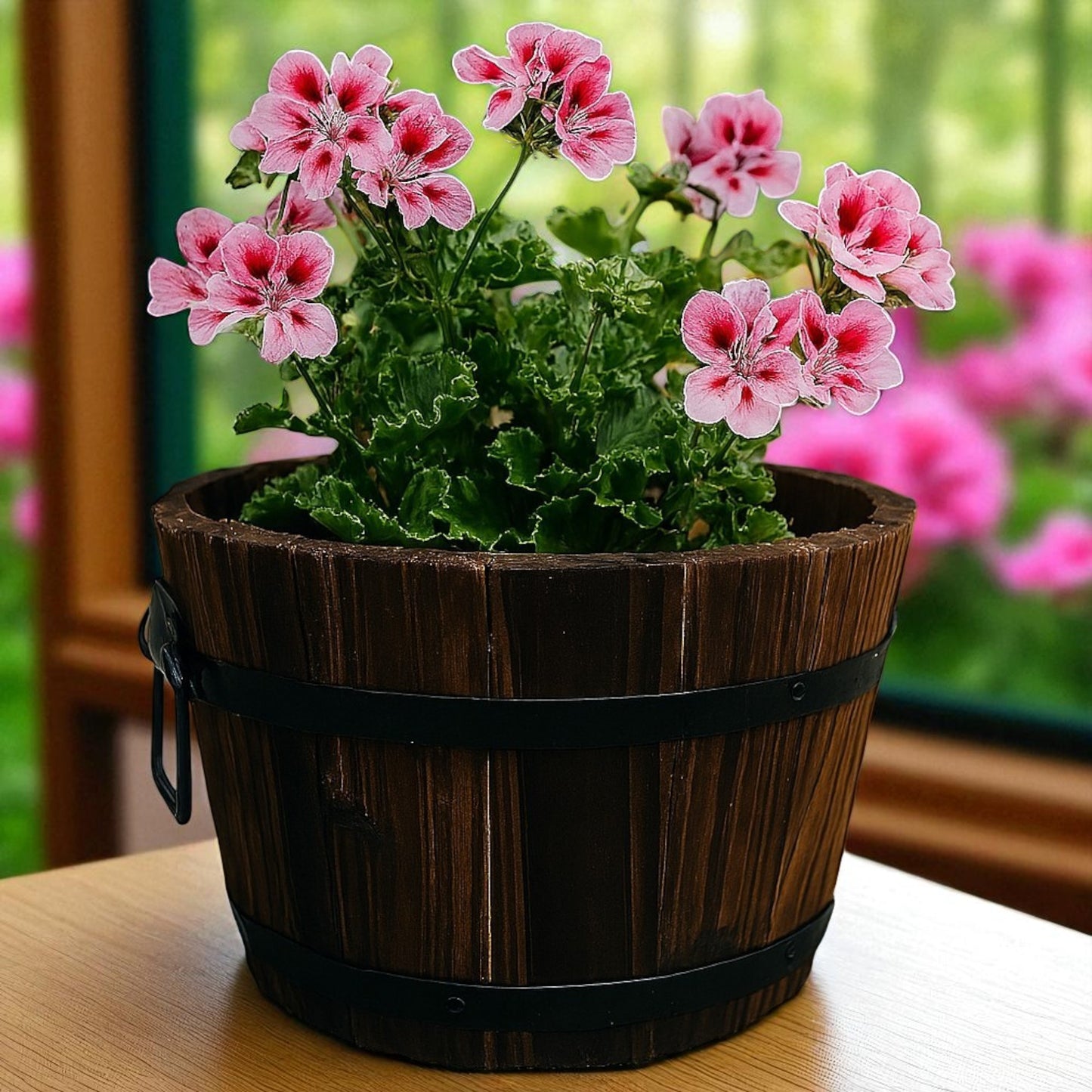 Pack of 2 Rustic Barrel-Style Planters – 24cm Round Brown Wooden-Look Garden Plant Pots