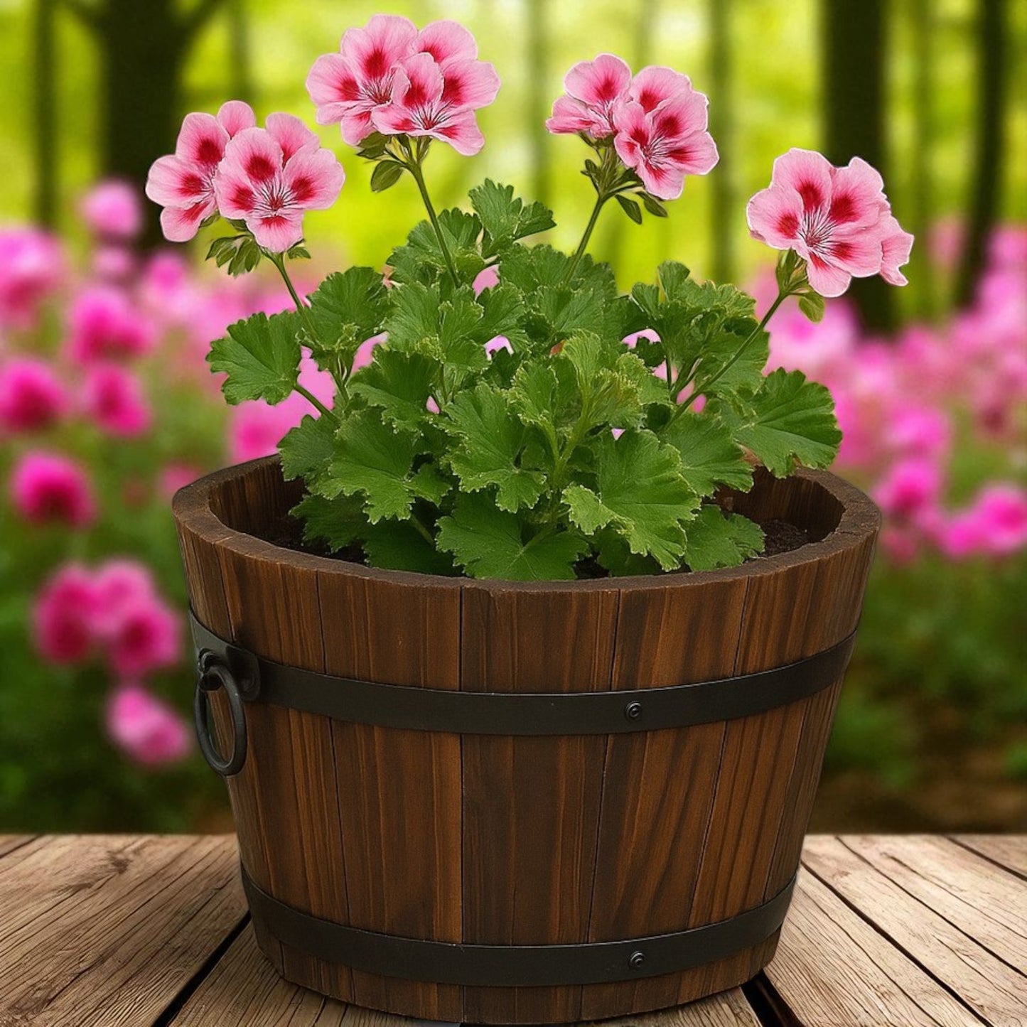 Pack of 2 Rustic Barrel-Style Planters – 24cm Round Brown Wooden-Look Garden Plant Pots